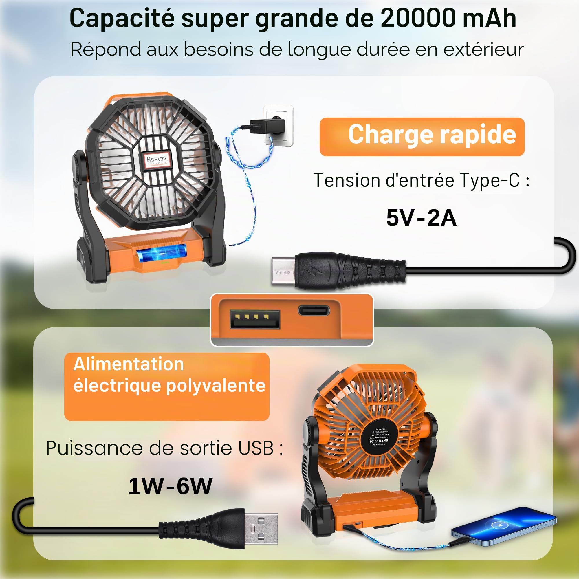 Kssvzz Ventilateur Camping Portable, USB Rechargeable Ventilo a Batterie | 20000mAh Ventilateur de Table 4 Vitesses avec LED et Crochet(270° Rotation)pour Camping, Pêche, Bureau, Extérieur (Orange)
