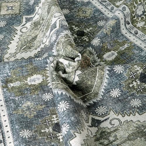 Miniatura 2 de Rofee Living Alfombra bohemia lavable de 8 x 10 pies, color verde oscuro y azul, alfombra grande y envejecida, antideslizante, para sala de estar y