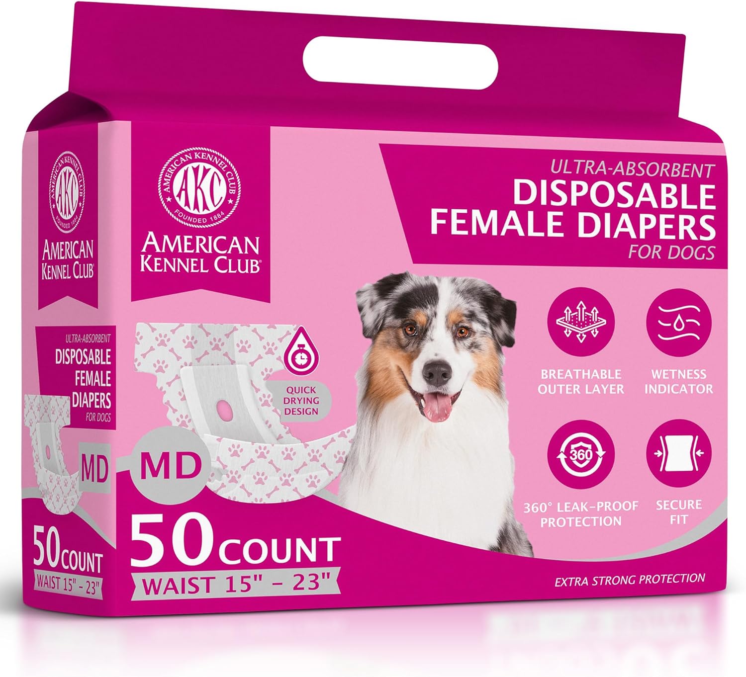 American Kennel Club Female Dog Wrap, Disposable Diapers with Wetness Indicator (M (15–23 in), 50, Count)