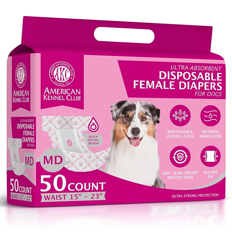 Fraldas Descartáveis para Cadelas American Kennel Club com Indicador de Umidade, Tamanho Médio (38,1–58,42 cm), Pacote com 50