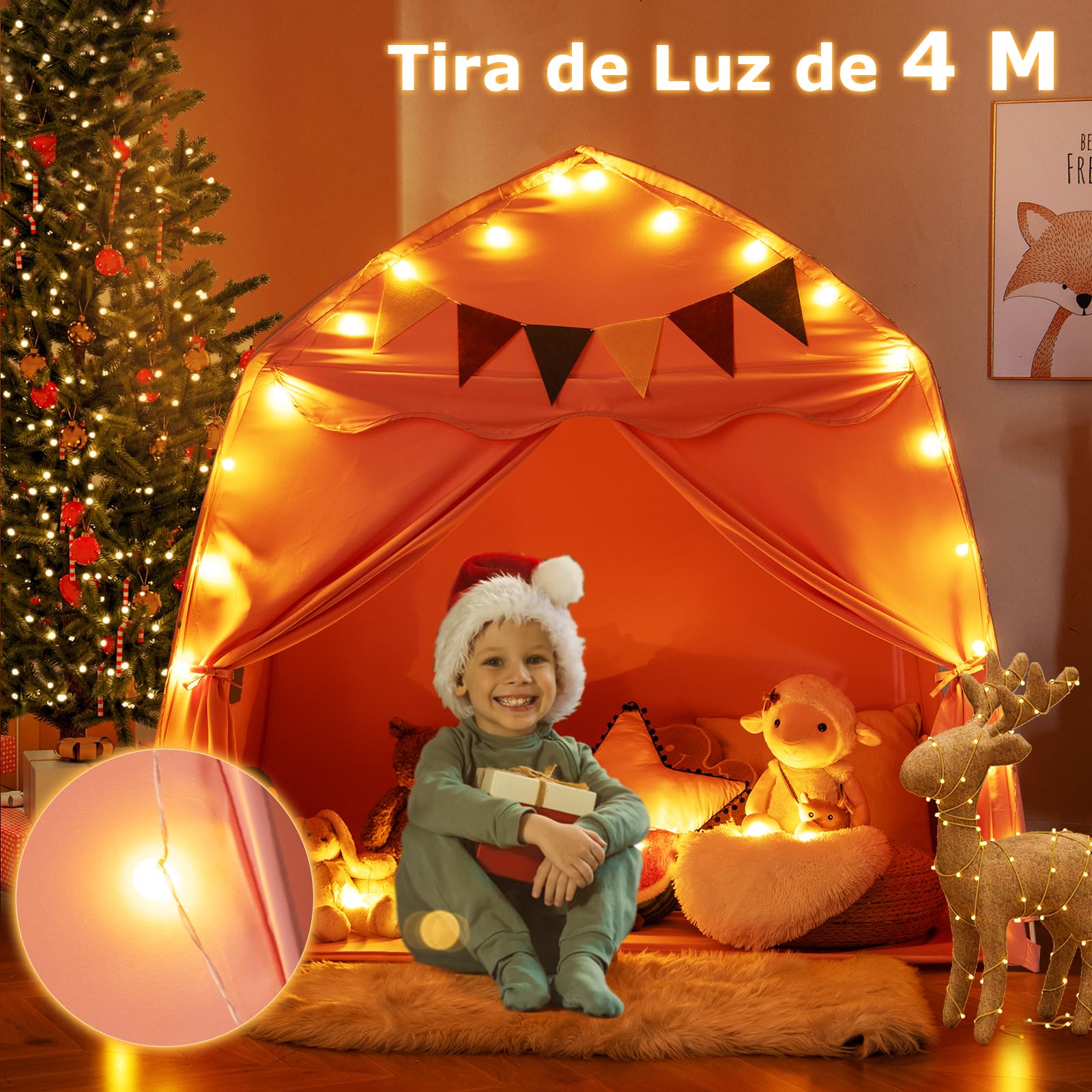 GOPLUS Tienda Grande para Niños, Casa de Juego en Forma de Cúpula con Luces Brillantes, Banderines, 2 Puertas 2 Ventanas, Tienda Tipi Lavable a Máquina para Niños de 3+ Años (Rosa)