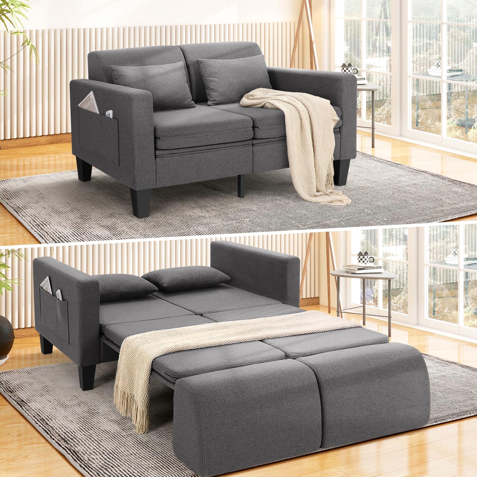 SEJOV 6-in-1 Convertible Sofa Bed, 58" Loveseat Sleeper Sofas with Pull Out Couch Bed, Removable Backrest, Storage Pockets and 2 Pillows, Modern Folding Linen Futon Couch for Small Spaces, Gray