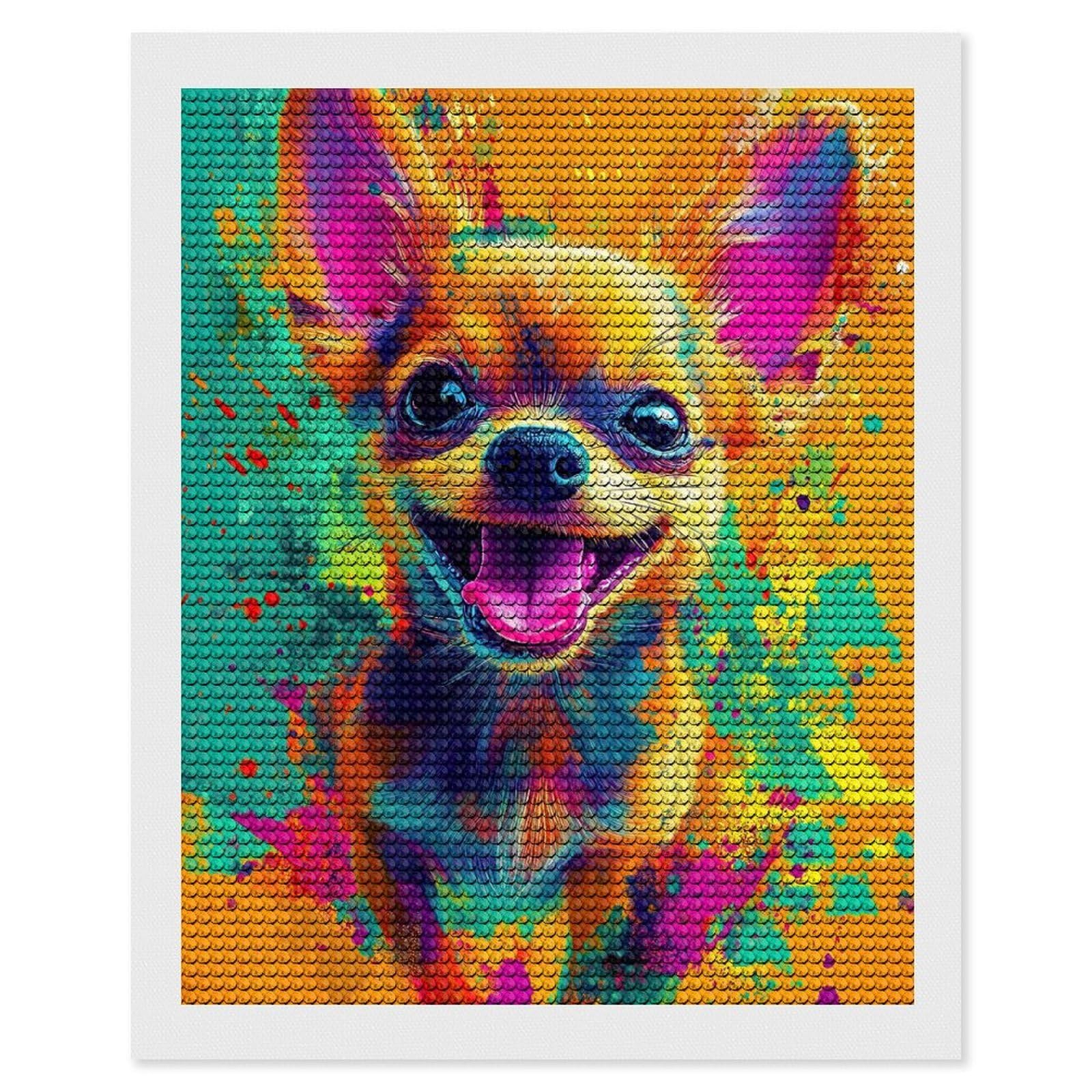 Junmoney Colorful Chihuahua Portrait Diamond Art Kit 16"x20", Holiday Gift Idea, for Women, Easy Handmade Project, Vintage Style Decor, Printed Canvas