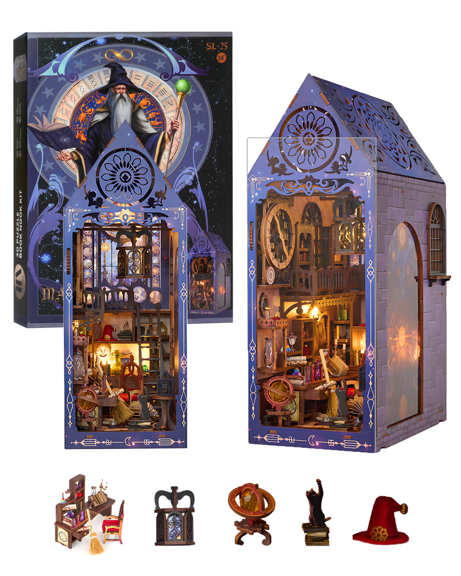 DIY Book Nook Kit - 3D Wooden Puzzle Booknook for Adults, Miniature House Dollhouse Kit for Bookend Bookshelf Insert Decor, Magic Book Model Build Gift for Teen Girls Boys Women Men