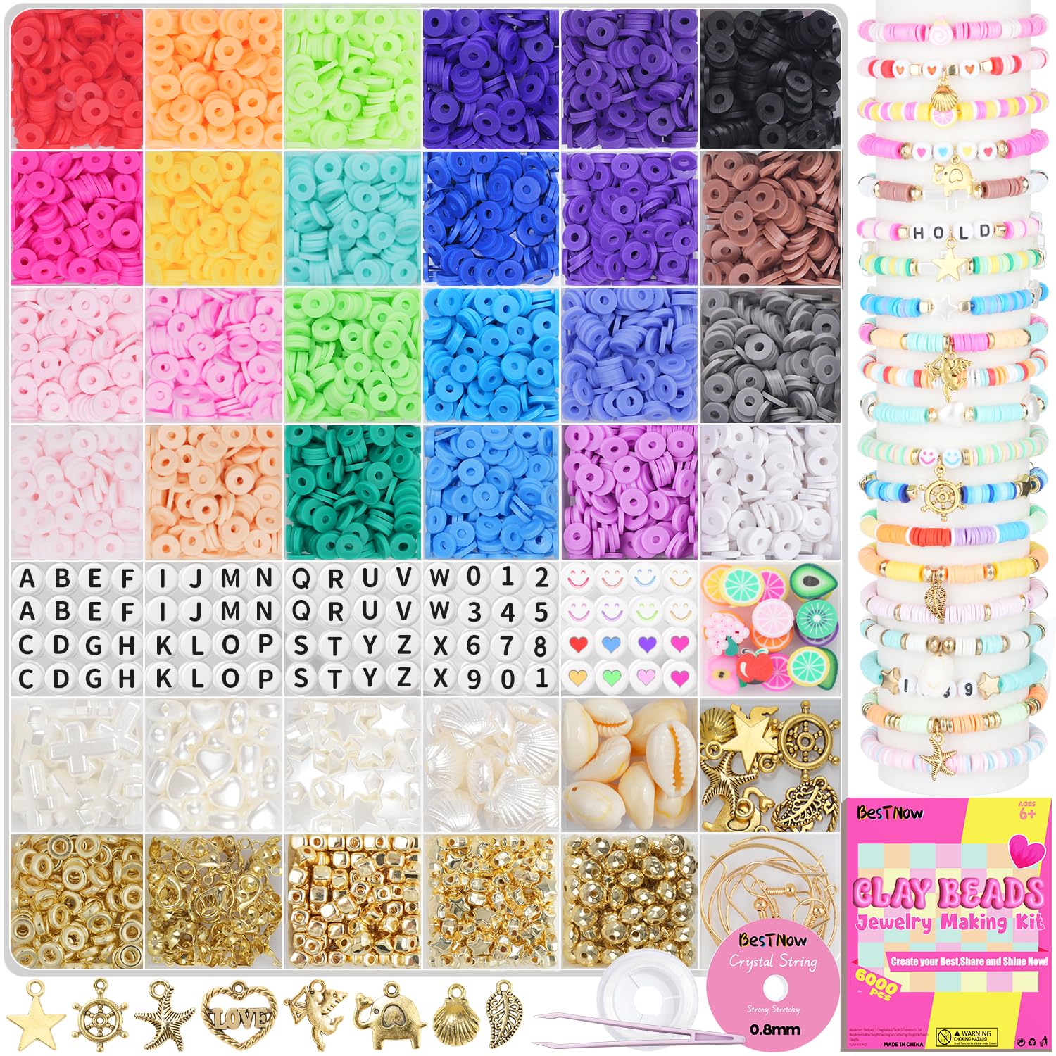 BestNow Clay Beads Bracelet Making Kit 6000 Pcs Flat Preppy Beads for Friendship Jewelry Making Polymer Heishi Beads with Charms Gifts for Teen Girls Crafts for Girls Ages 8-12