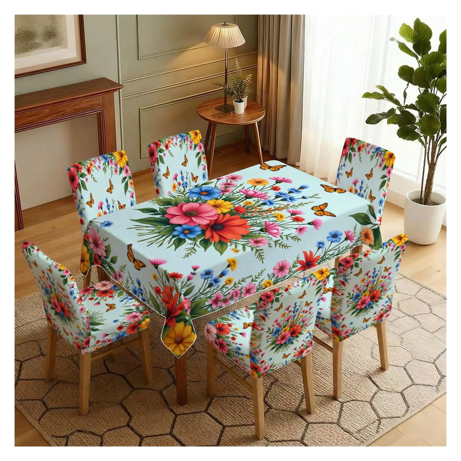 KXUAUV Boho Floral Wildflower Butterfly Print Stretch Chair Covers & Tablecloth Set, For Kitchen Dining Room Holiday Party Home Decor, 5/7 Pack Party Decor(7pcs Set: Tablecloth+Chair Covers)