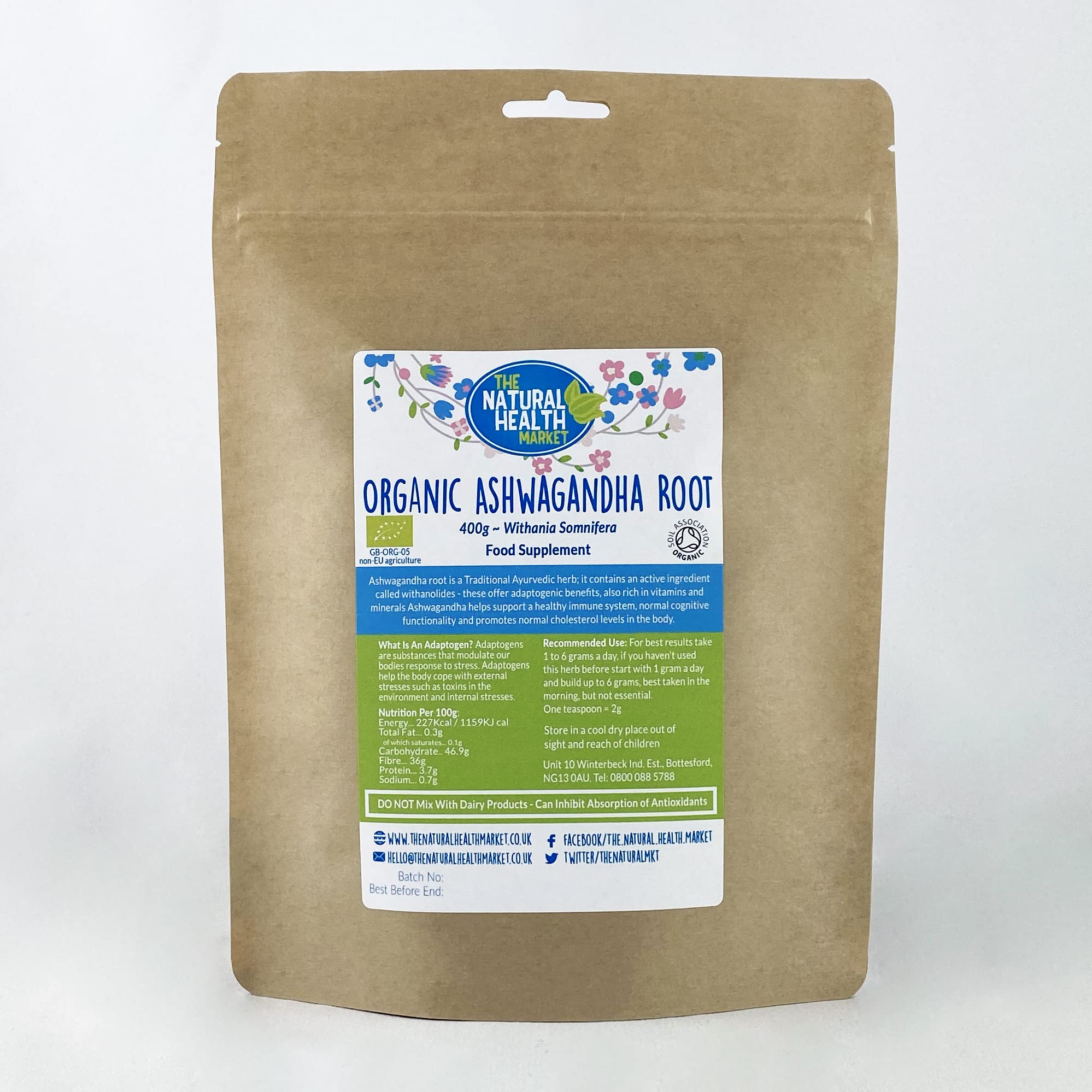 Organic Ashwagandha Root Powder 400g by The Natural Health Market • Soil Association Certified Organic • RAW Ayurvedic Herb • Potent Adaptogen (400g)
