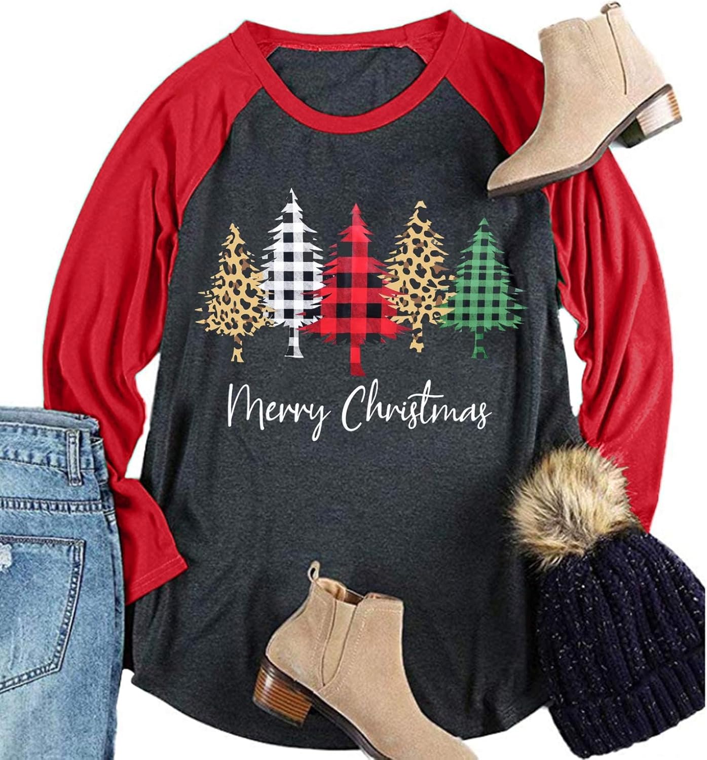 Plus Size Christmas T Shirt Women Xmas Leopard Plaid Trees Print Tees Casual Long Sleeve Holiday Shirts Top