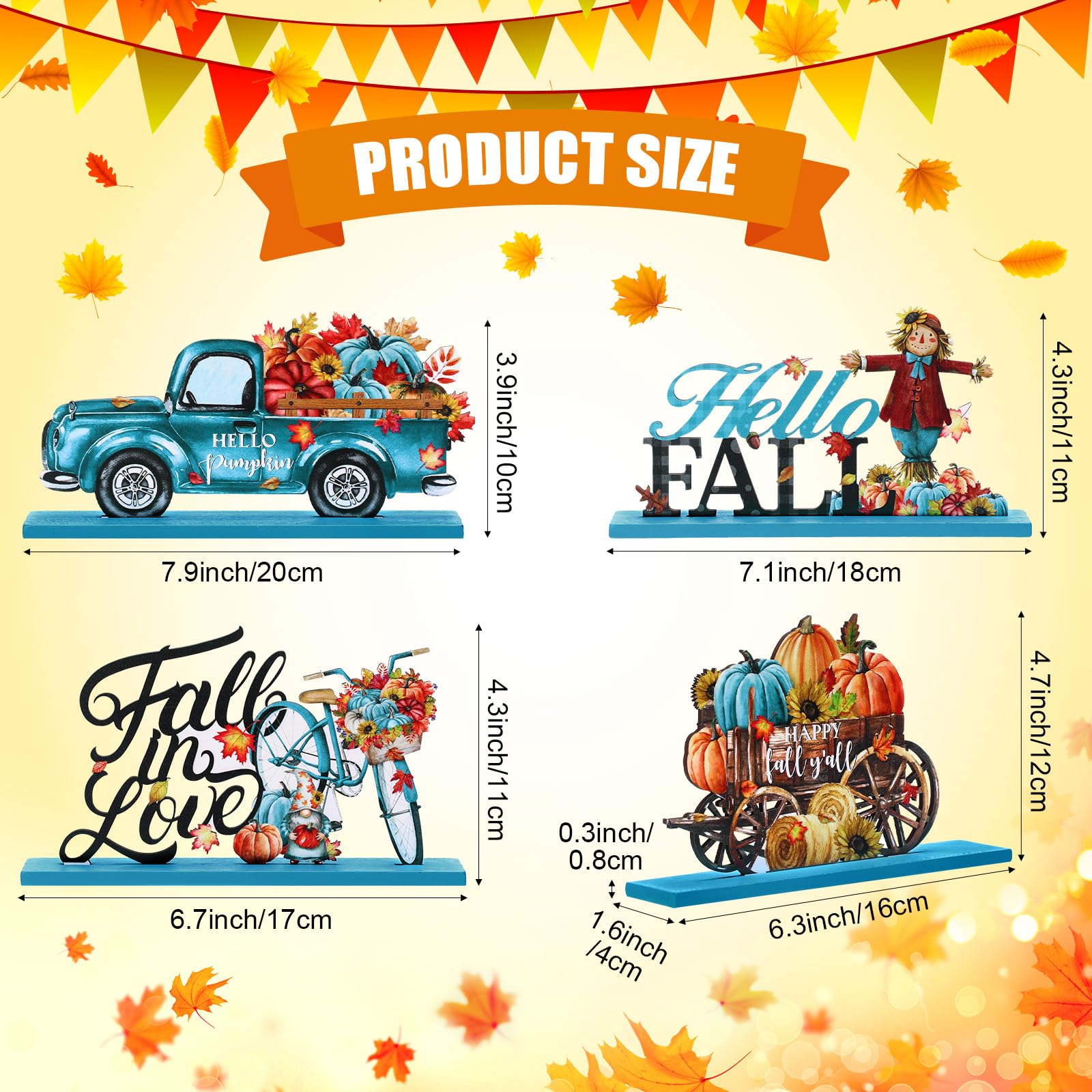 Huwena 4 Pcs Thanksgiving Fall Wooden Table Decorations Blue Autumn Harvest Table Centerpieces Hello Fall Gnome Pumpkin Truck Bicycle Wood Sign for Thanksgiving Party Farmhouse Home Decor