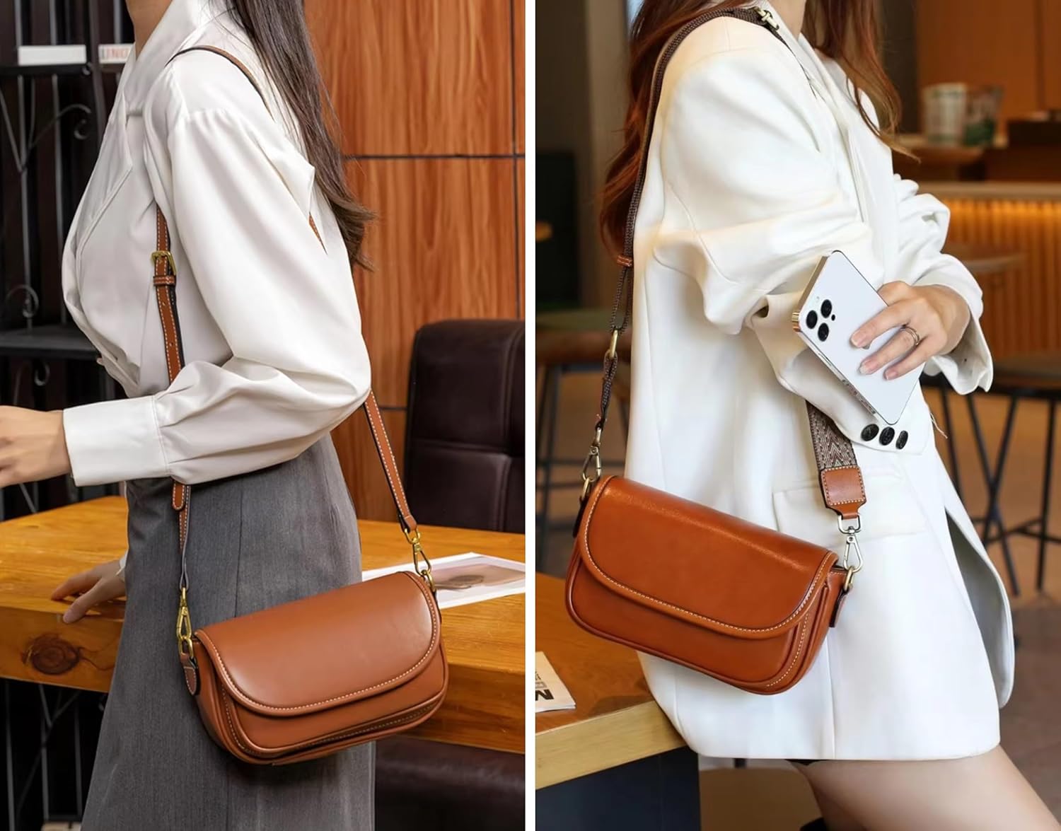 9" Women Genuine Cow Real Leather Crossbody Bag Purse with 2 Adjutable Shoulder Straps