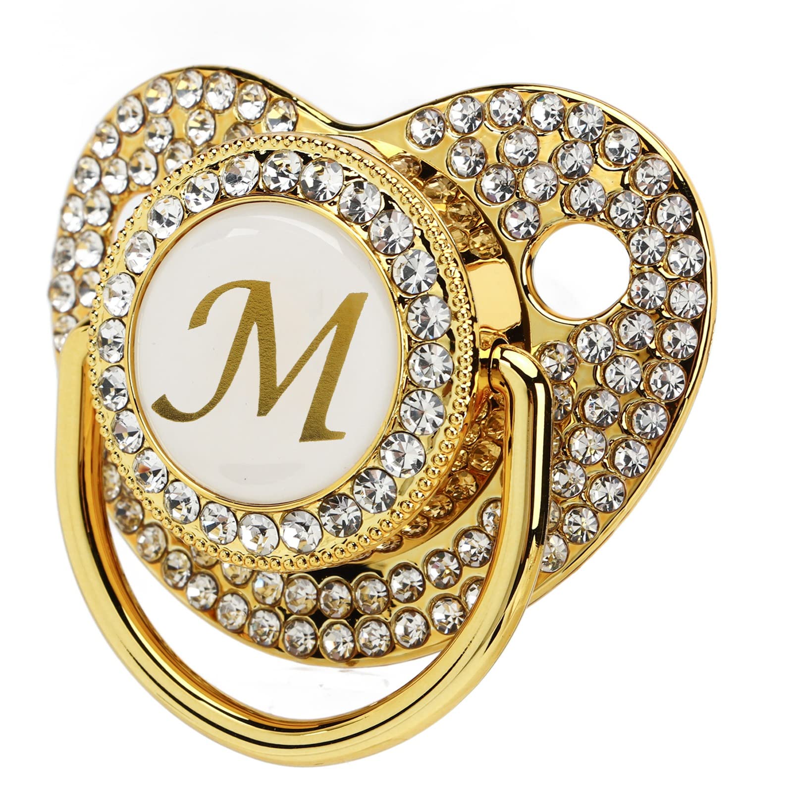 Luqeeg Gold Baby Pacifier, Personalized Pacifier and Pacifier Clip Set, A-Z 26 Letter Pacifier with Dust Cover Bling Newborn Pacifier Silicone Baby Gift for 6 To 18 Months (Letter M)