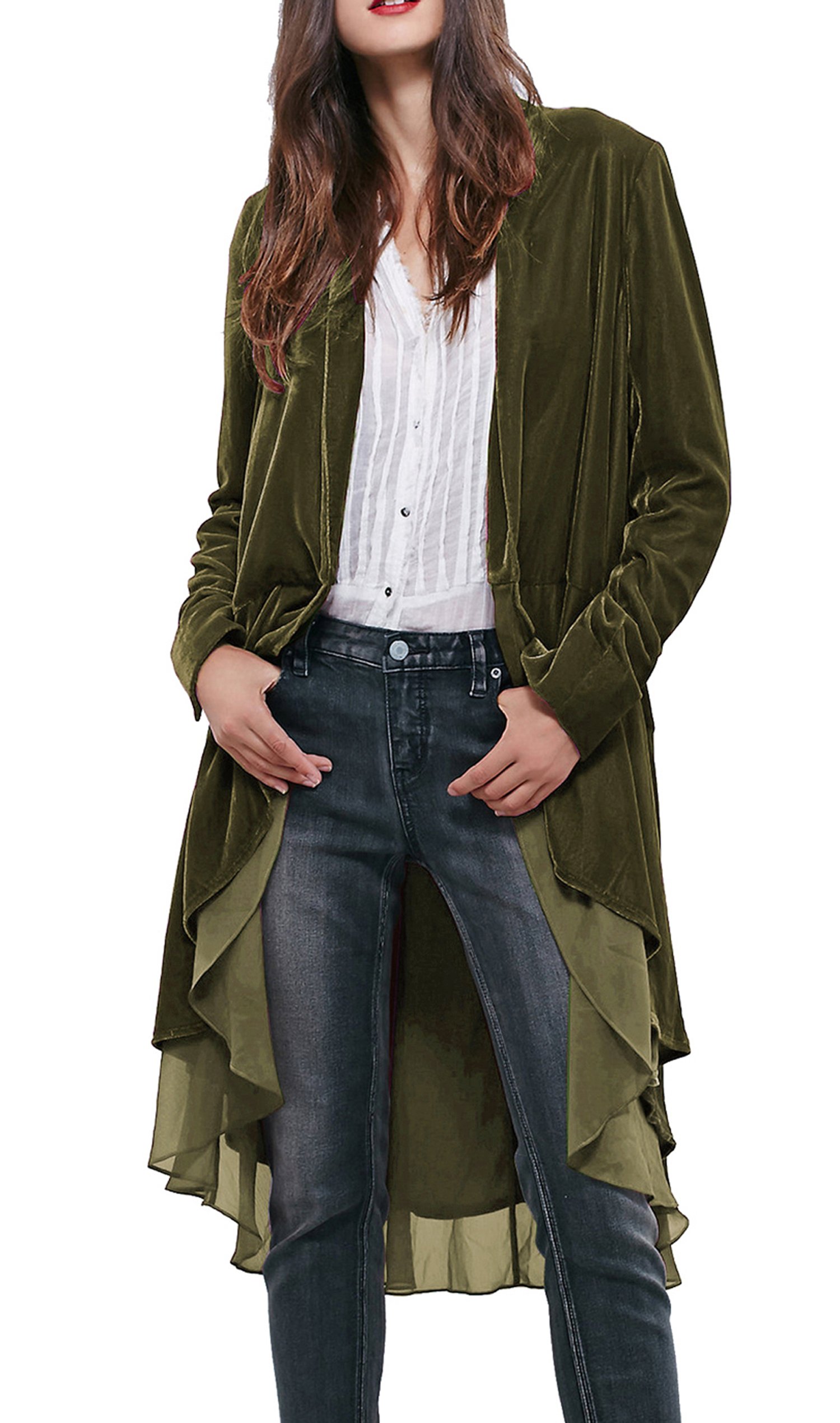 R.vivimos Women's Armygreen Autumn Winter Velvet Ruffle Coat Casual Vintage Long Jacket Collarless Classic Swallowtail Hem Blazer(Small,)