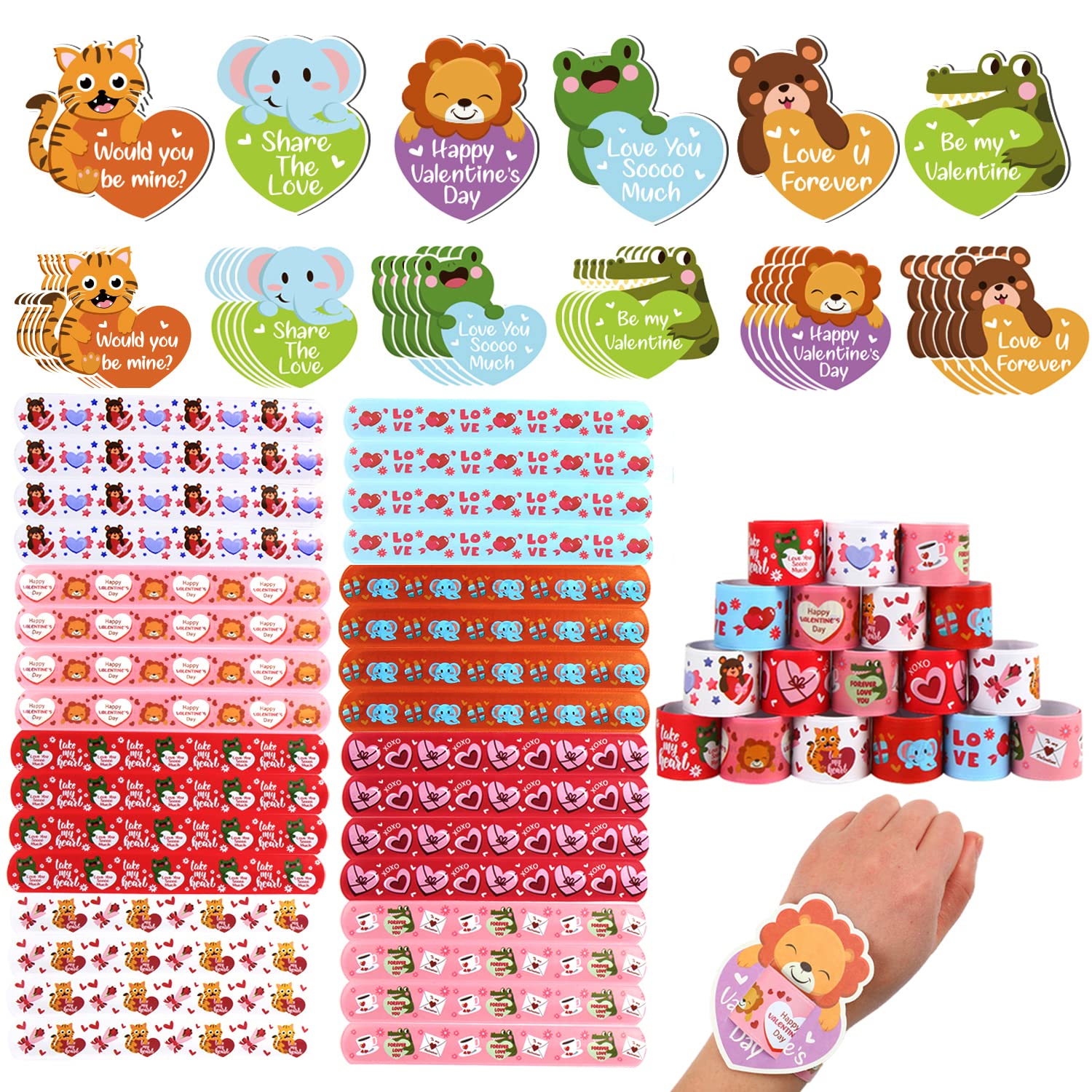 FOIMAS Valentine's Day Slap Bracelet Set,32pcs Animal Heart Snap Bracelet Wristband and 36pcs Gift Cards for Kids School Classroom Gift Exchange Party Favor Supply