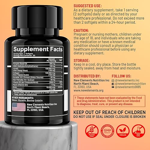 Miniatura 3 de New Elements 9X Vitaminas para la piel y las uñas  Biotina 10,000 mcg con suplemento de cola de caballo, colágeno, queratina, niacina, MSM, D3,