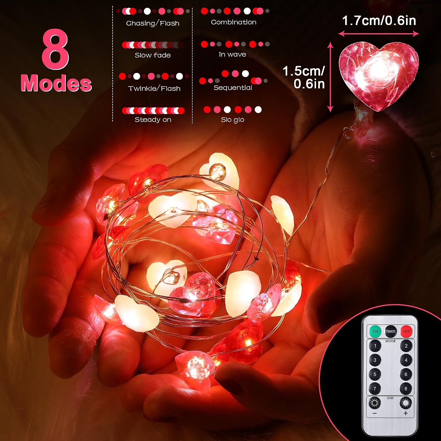 Fairy String Lights 10 Feet LED Red Pink White Heart Shaped Twinkle Fairy Lights 8 Modes Battery Operated for Valentine s Day Kids Bedroom Christmas Wedding Indoor Party Decor with Timer