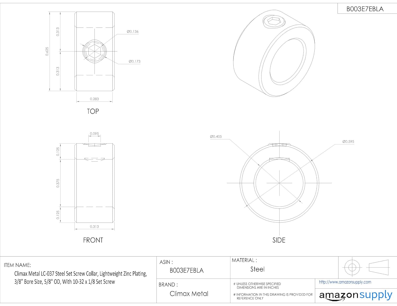 Climax Metal LC-037 Steel Set Screw Collar, Lightweight Zinc Plating, 3/8" Bore Size, 5/8" OD, With 10-32 x 1/8 Set Screw