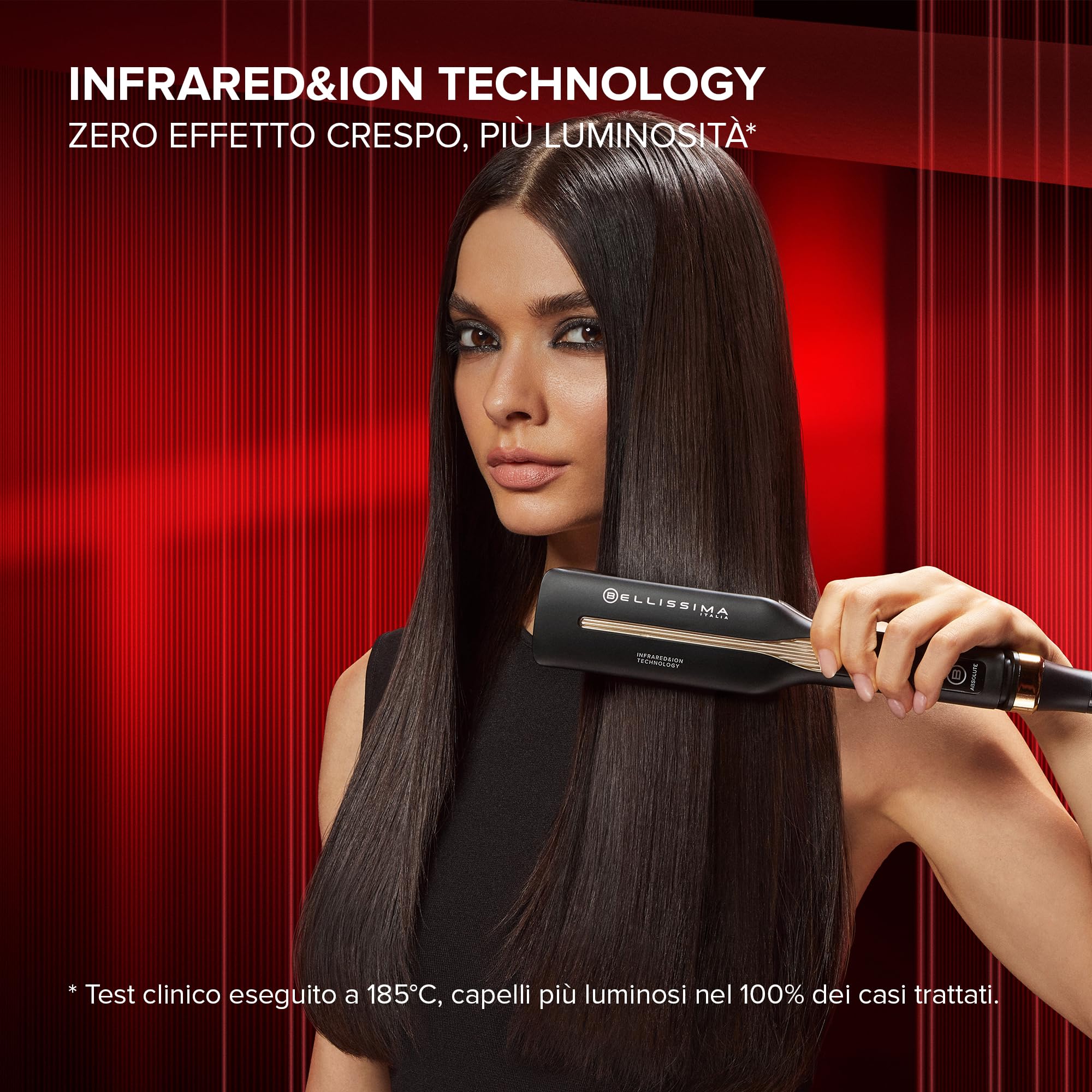 Bellissima Imetec Absolute, Piastra per capelli professionale con piastre 4XL, Infrarossi e tecnologia a ioni, Controllo del calore, Rivestimento in ceramica e cheratina, 4 Temperature, Beauty bag