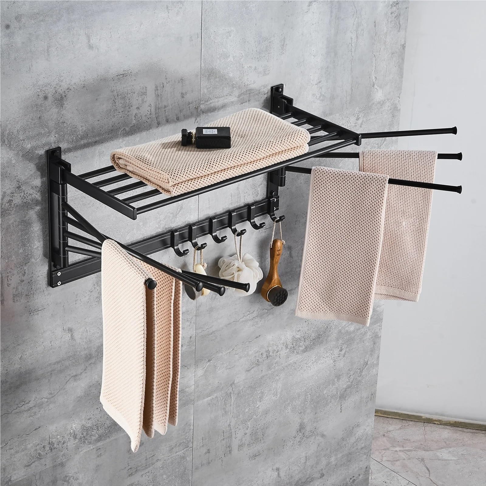 Toallero de 40 cm con Marco Superior y Ganchos, toallero Giratorio Pared, fácil Instalar Ahorra Espacio para Baño y Cocina