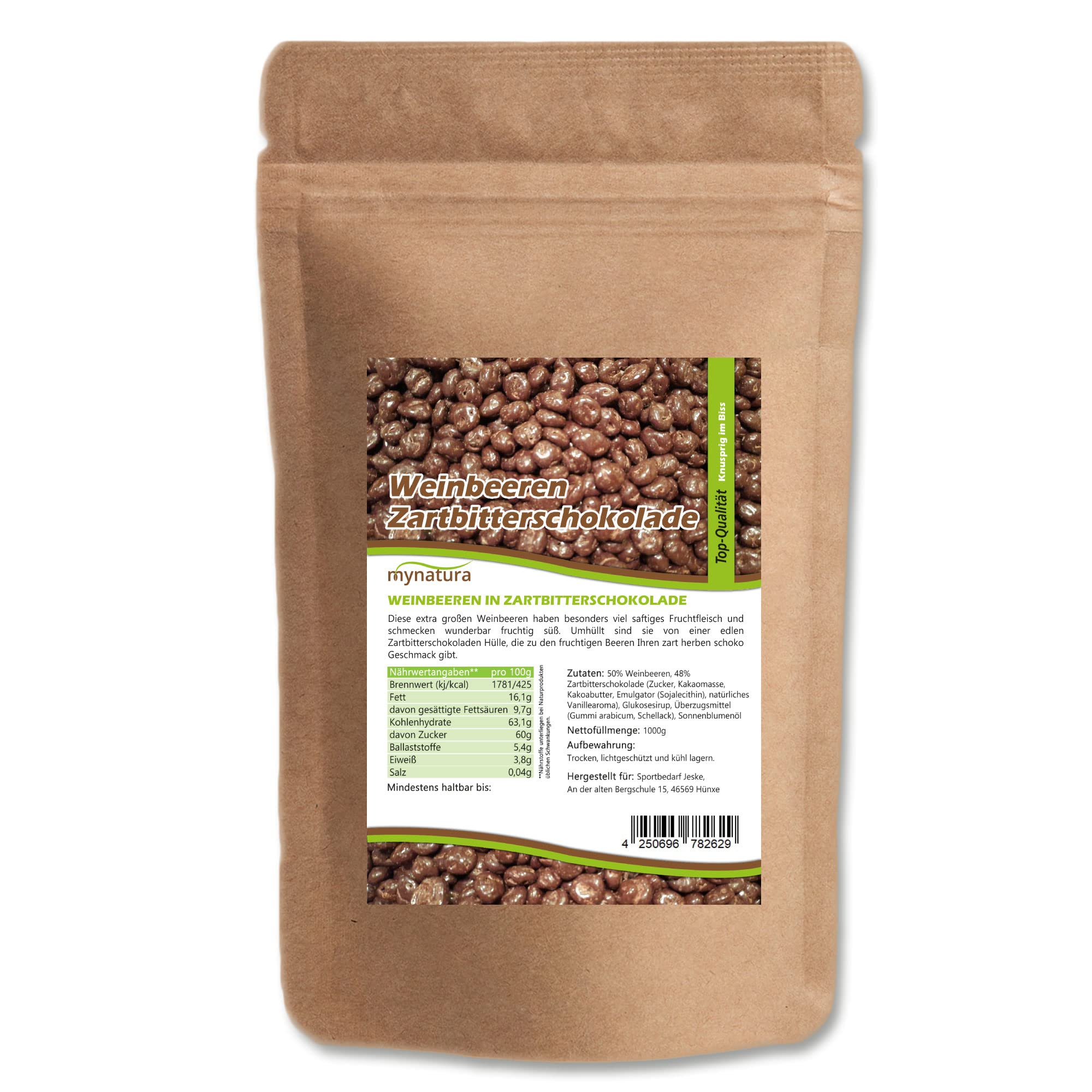 Mynatura Weinbeeren getrocknet in Zartbitterschokolade I Jumbo I Rosinen I Schokolade I Backen I Snack I Müsli I Topping I Dessert I Früchte I Beutel (1x 1000g)