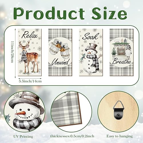Miniatura 3 de 4 piezas de decoración de pared de baño de invierno, arte de pared de Navidad, letreros de madera para colgar en Navidad, decoración de habitación