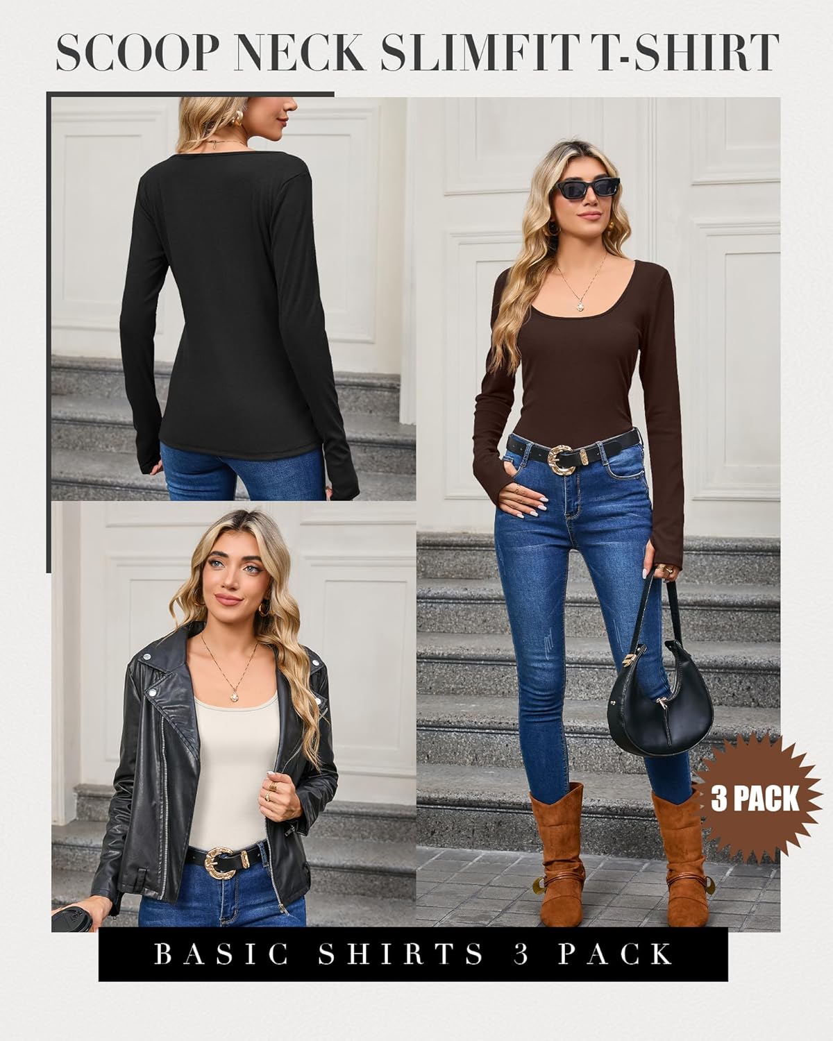 3 Pack Women's Thermal Fleece Long Sleeve Tops, Scoop Neck Slim Fitted Knit Base Layer Undershirts with Thumb Hole - Image 4