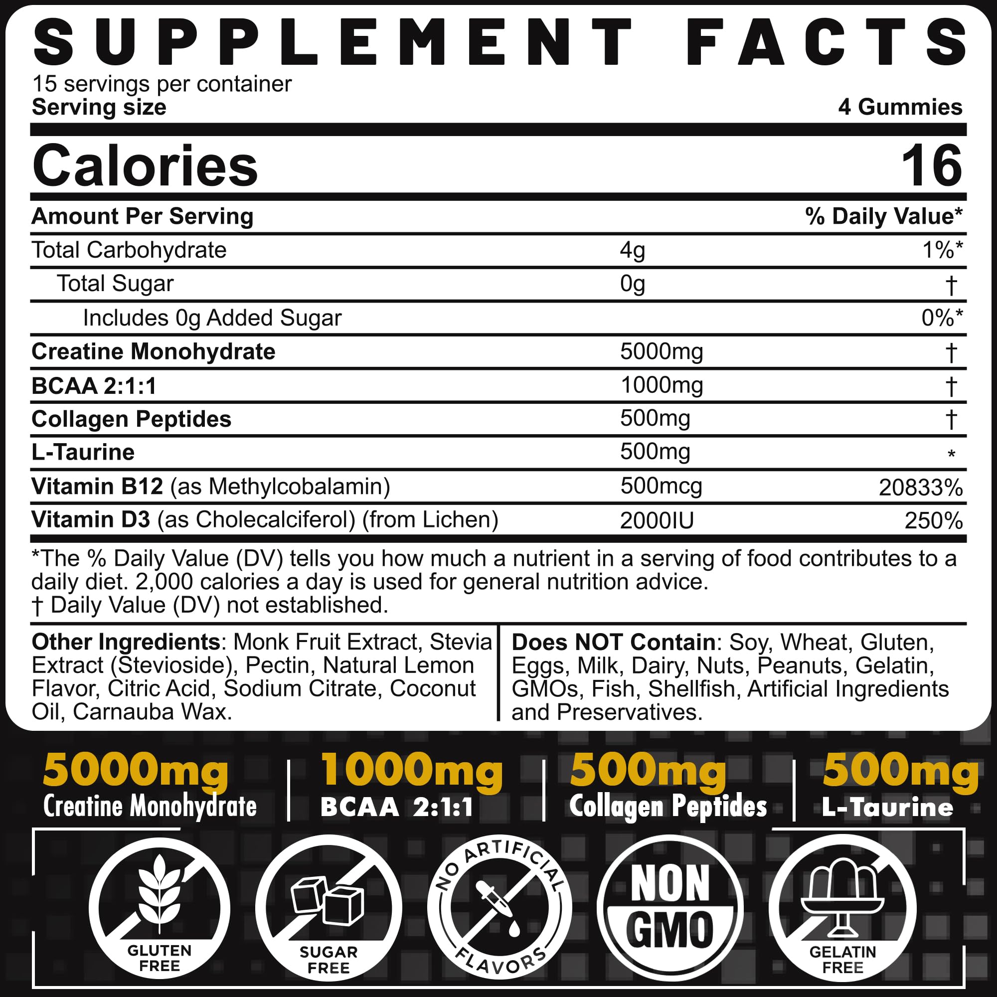 Creatine Monohydrate Gummies for Men & Women - with BCAA, Collagen Peptides, L-Taurine, Vitamin B12, D3, Chewables Creatine Monohydrate 5g Per Serving, Natural Lemon Flavor, Sugar Free, 2 Pack — Amazon image 2