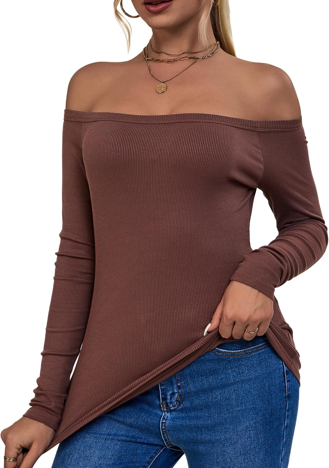 ASAIR Ribbed Off The Shoulder Tops Women Basic Long Sleeve Cuting Going Out Workout T Shirts