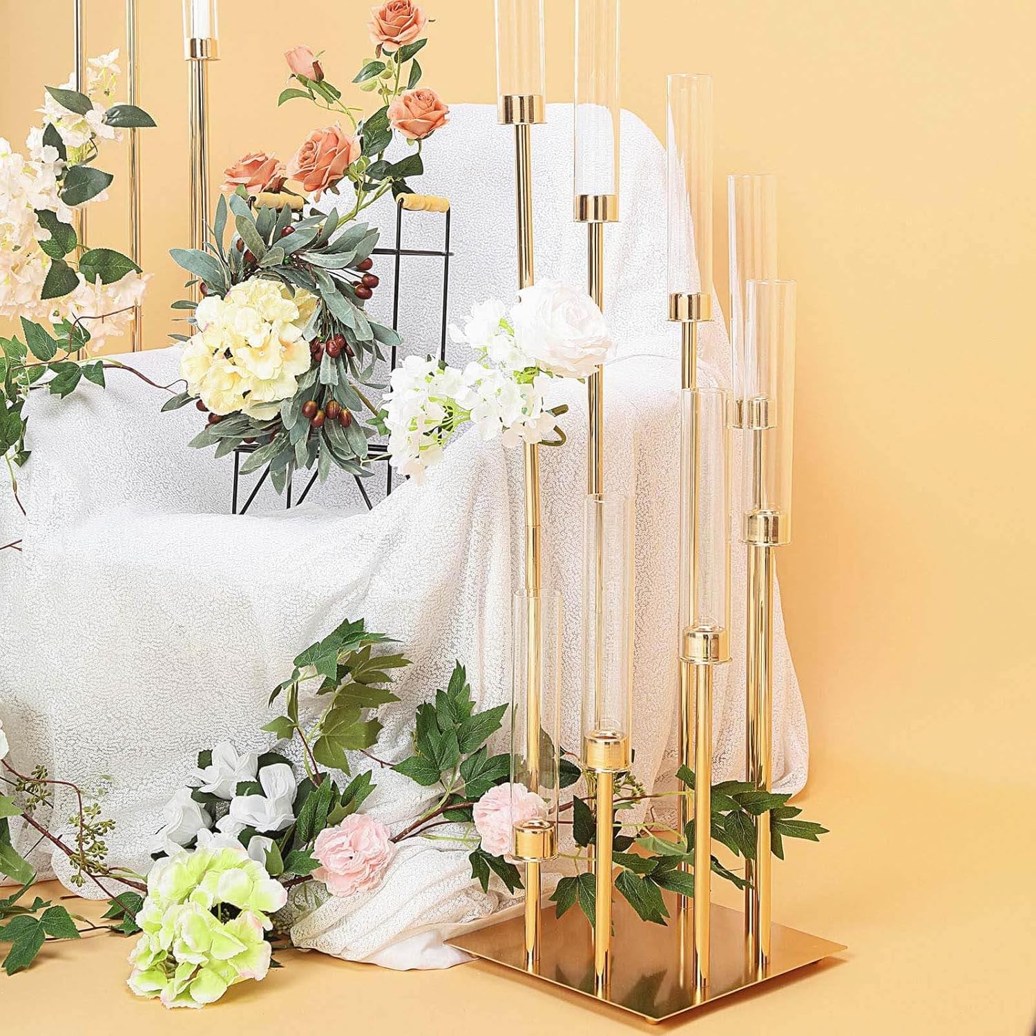 Efavormart 42" - 8 Arms Gold Cluster Candle Holder with 8 Glass Shades, Large Candle Arrangement - Perfect for Wedding Party Decorations, Banquet, Upscale Occasions, Birthday Celebrations