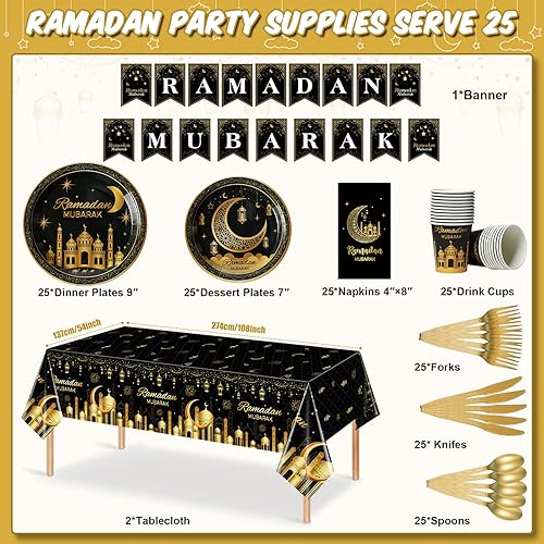 Miniatura 2 de Suministros de fiesta de Ramadán, decoración para el hogar, pancarta de Eid Ramadán Mubarak negro y dorado, platos y servilletas de papel