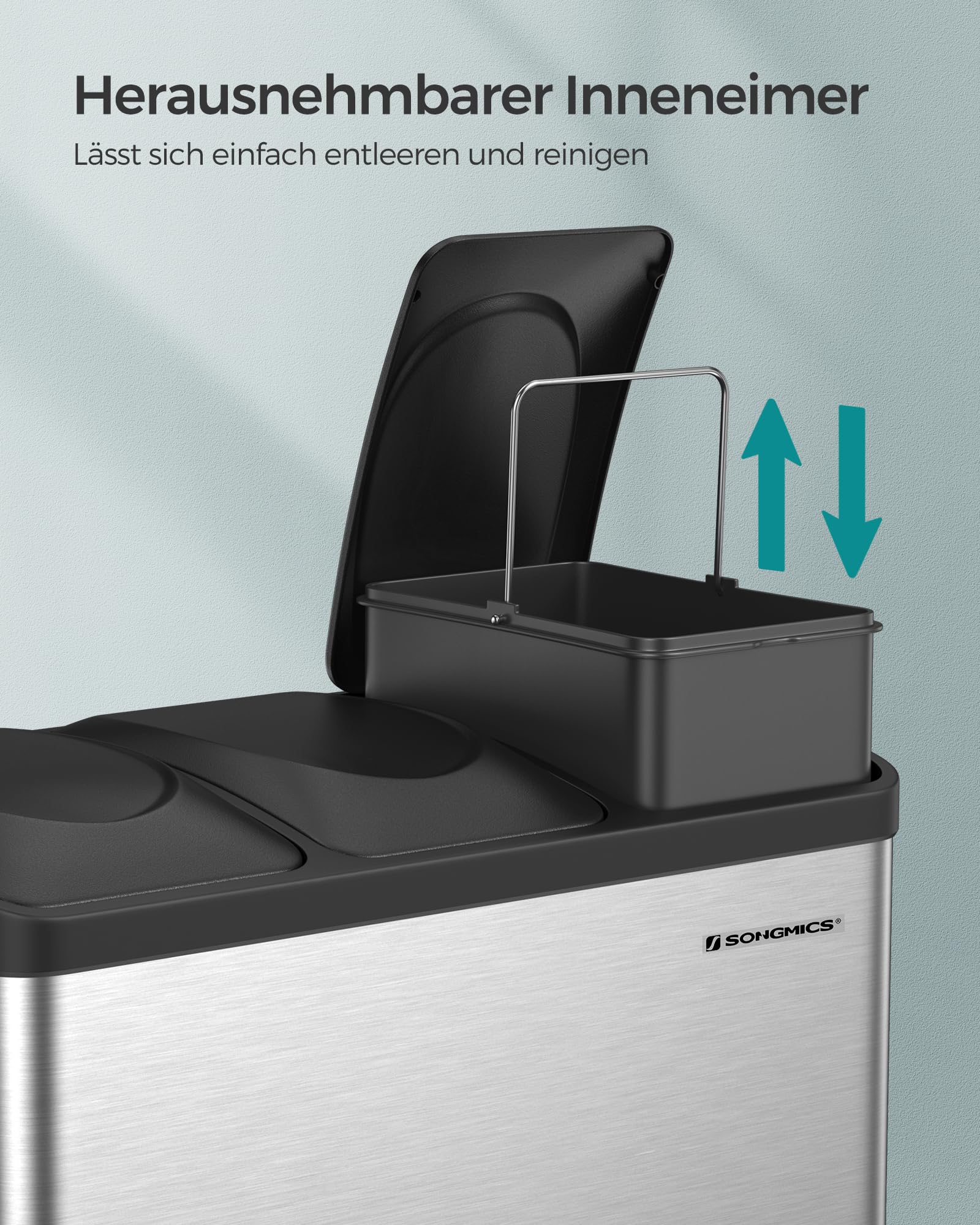 SONGMICS Mülleimer Küche 45 Liter Treteimer 3 Fächer Mülltrennsystem Metall Stahl LTB45L