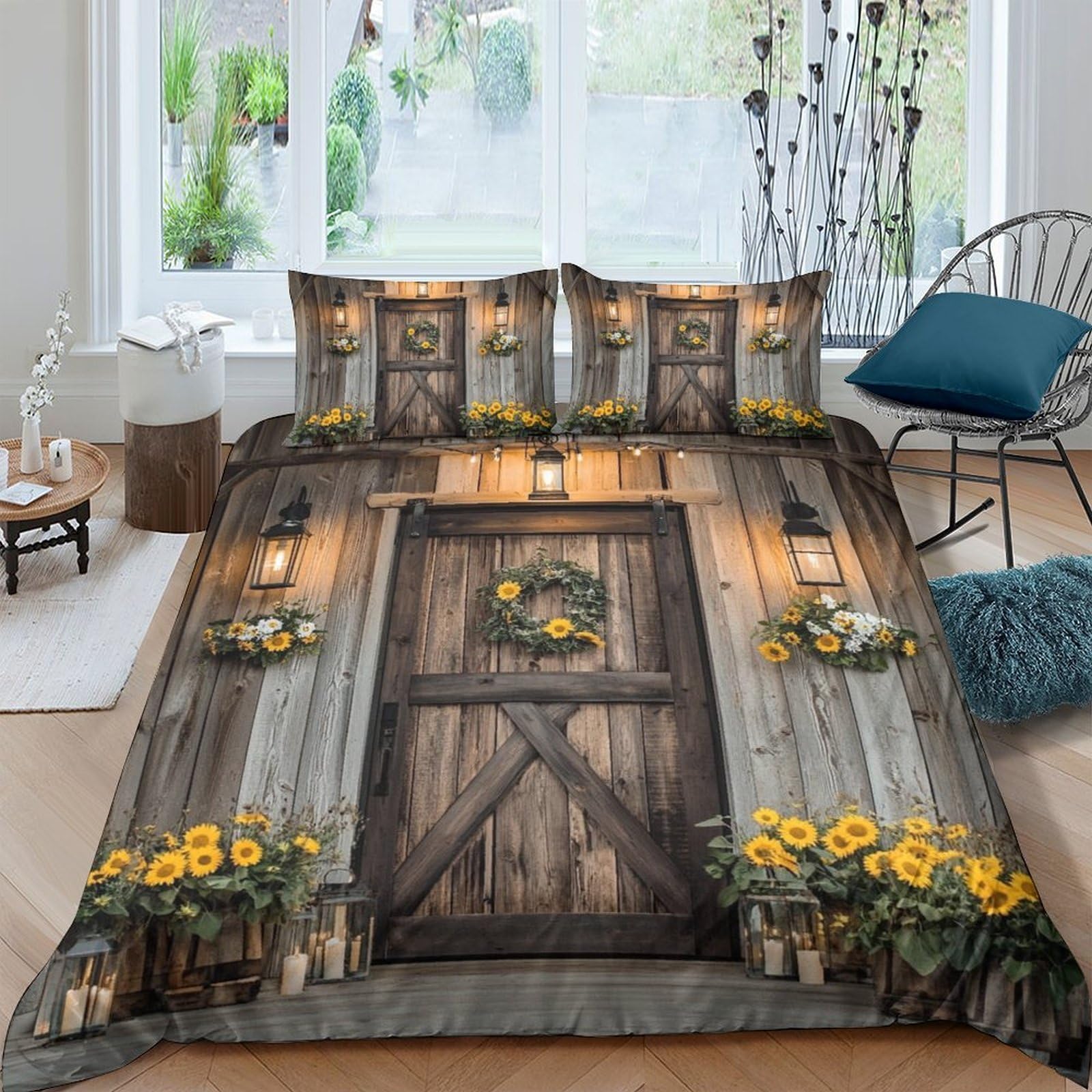 GPLZQXKJNH 3D Printed Rustic Door Duvet Cover Microfiber Soft Breathable Floral Farmhouse Bedding Set with 2 Pillowcases for Bedroom Decor Single（135x200cm）