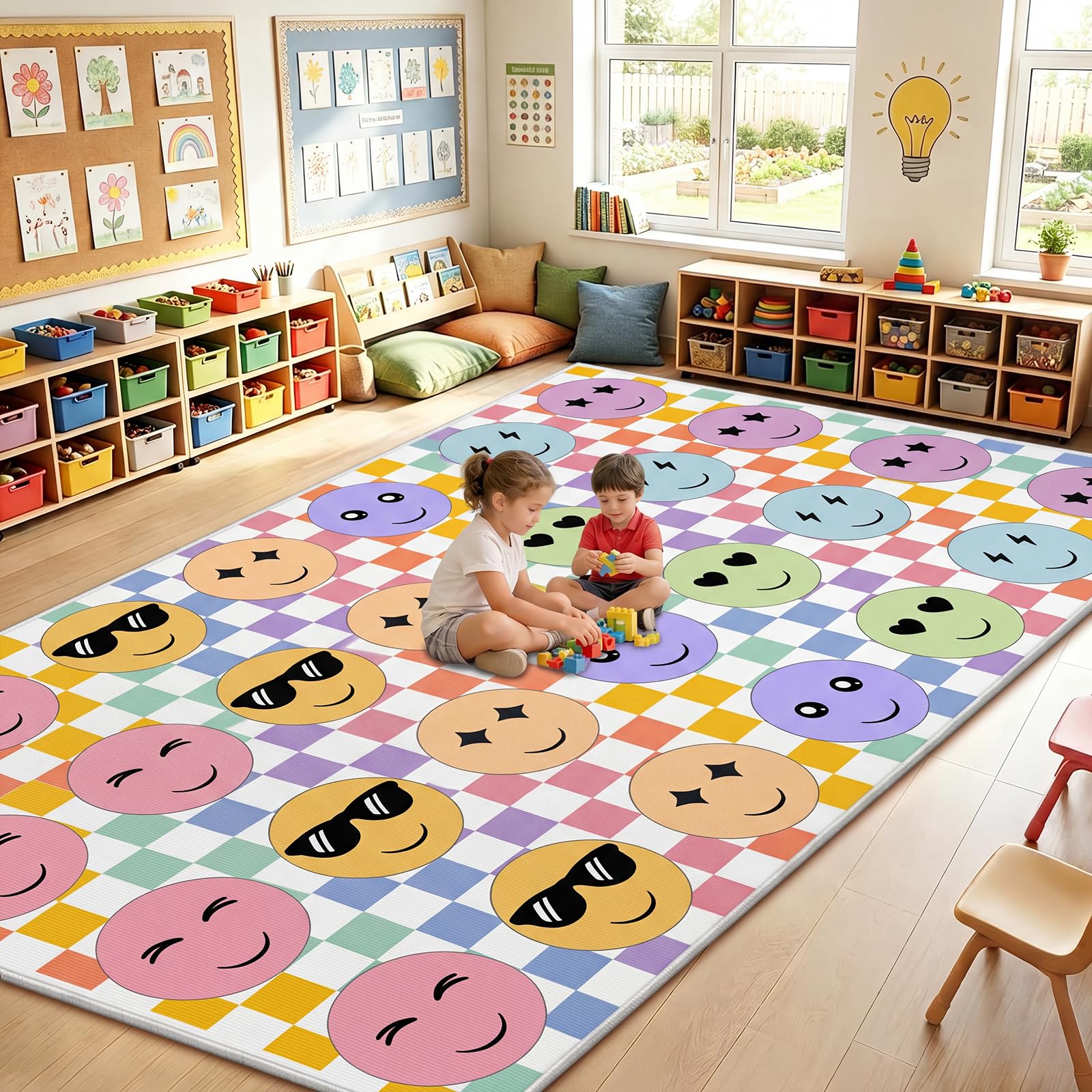 Photo 1 of BreezeHug 7.6x12 ft Large Smile Face Classroom Rug Elementary Pastel Classroom Rug Non-Slip Thick Educational Area Mat for Preschool Elementary School Playroom Nursery Daycare Back to School Decor