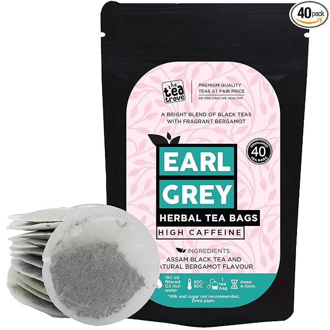 Earl Grey Tea Bags - 40 Eco-Friendly Earl Gray Black Tea Bags in Resealable Pouch - Natural Bergamot Flavor Blended with Fine Assam Black Tea by The Tea Trove - Highly Caffeinated Bergamot Tea