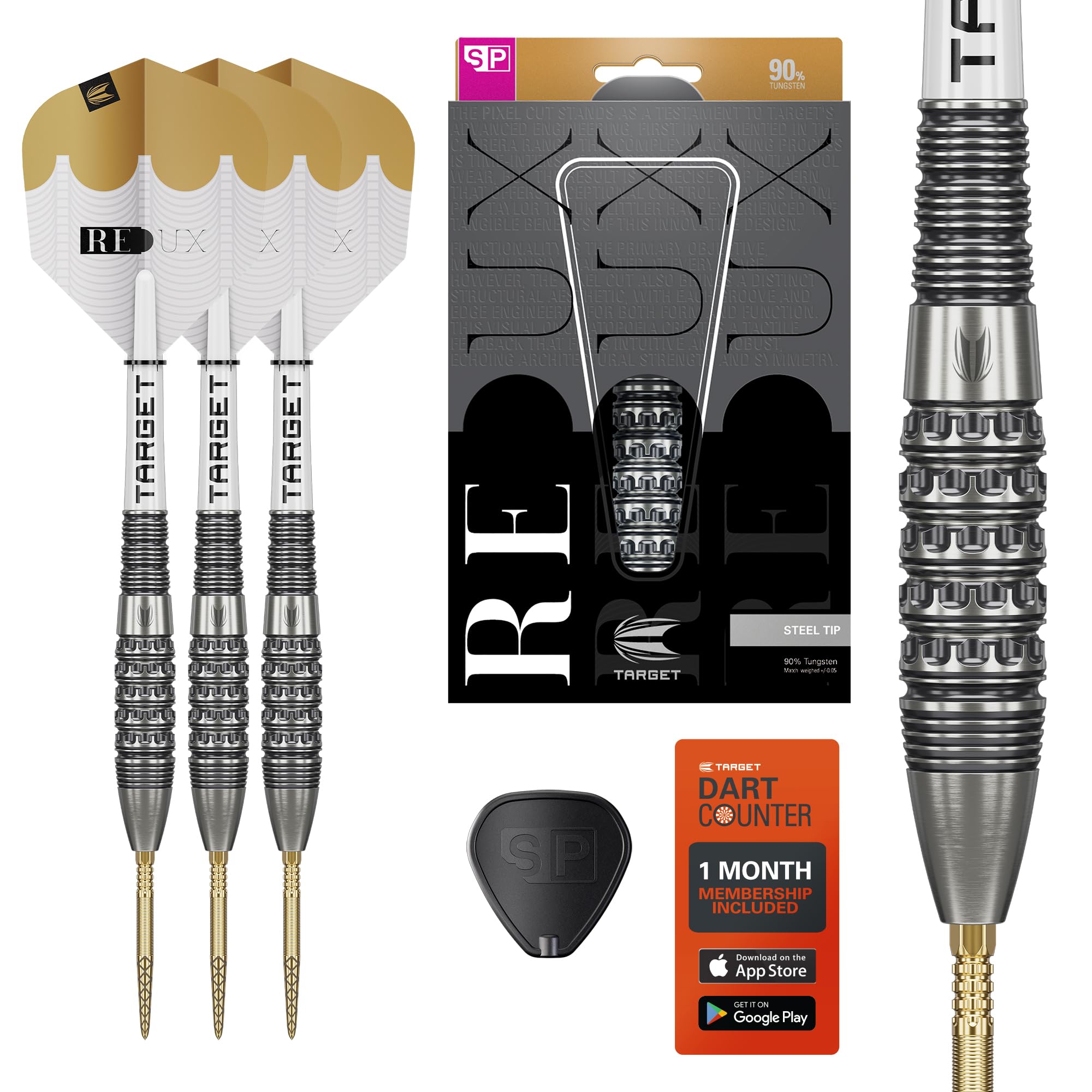 Target Darts Redux 90% Tungsten Swiss Point Steel Tip Dart Set (Barrel 02), 23G | Pro Ultra No.6 Flights & Pro Grip Tag Shafts, DX Points Gold & SP Tool Included | Professional Dart Sets