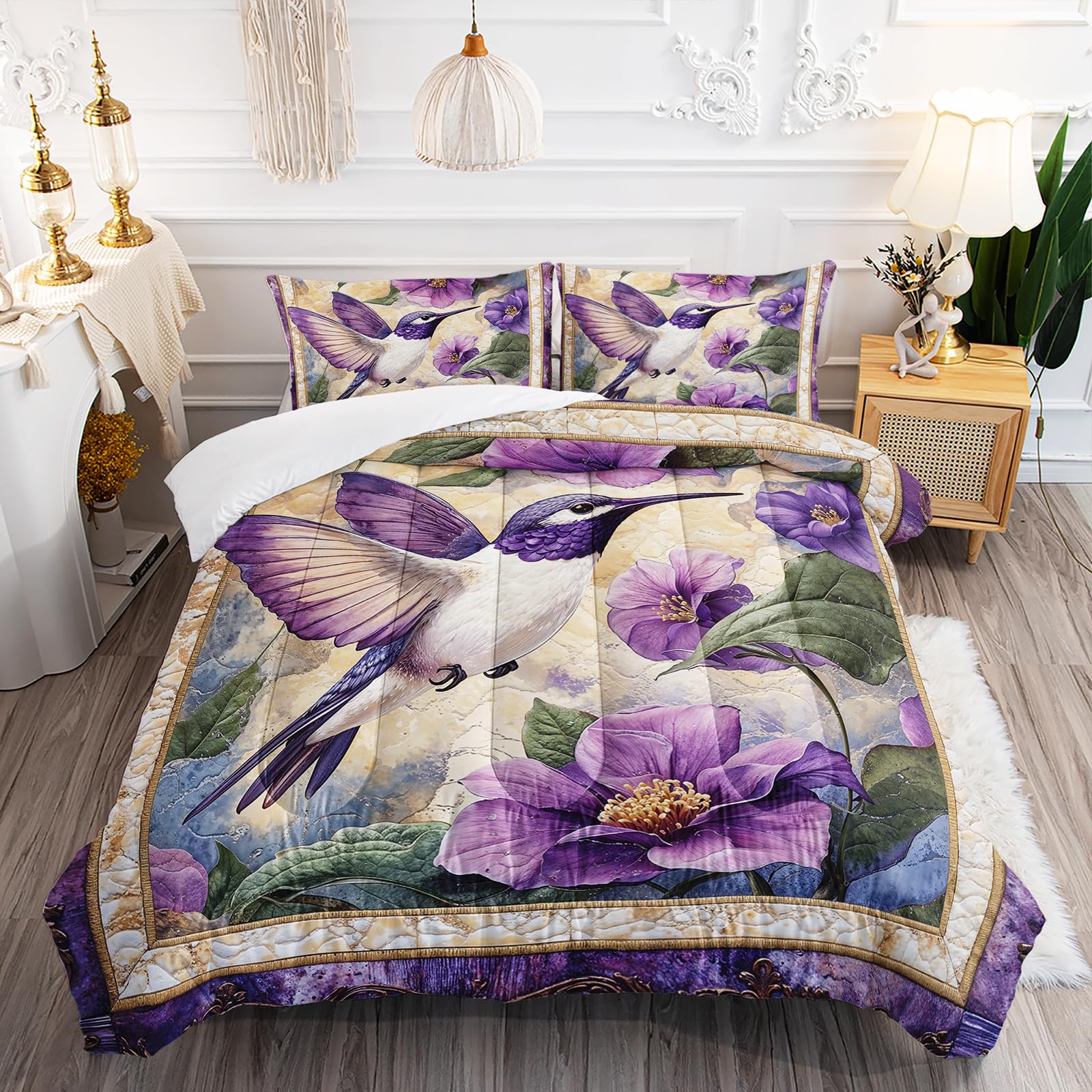 Photo 1 of AILONEN Queen Comforter Set with 2 Pillowcases, Hummingbird Floral Print