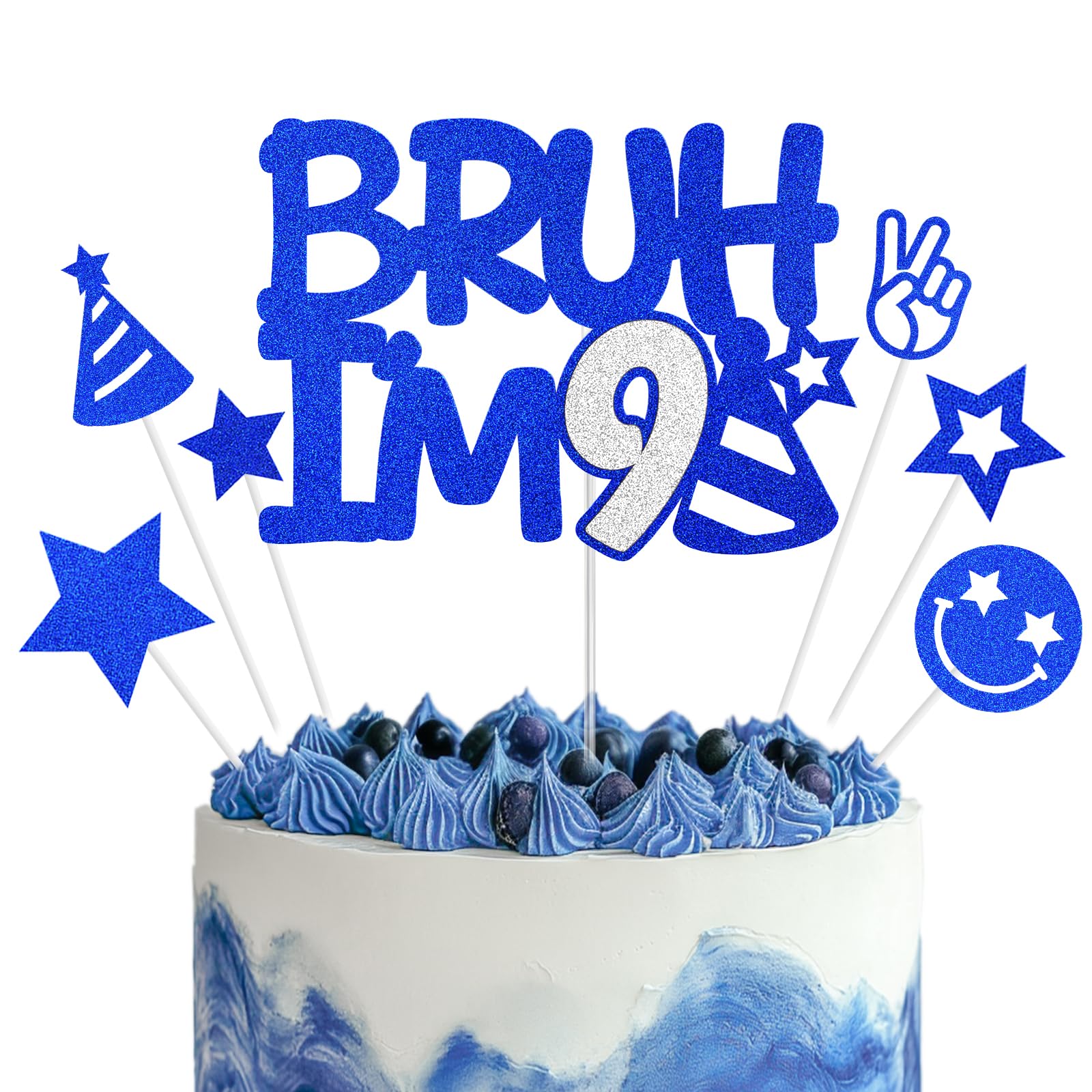 Bruh I'm 9 Cake Topper, Happy 9th Birthday Cake Topper, Blue Silver Glitter Cake Decoration, 9 Cake Topper, Birthday Party Cake Decor Supplies for Boys Girls 9 Years Old