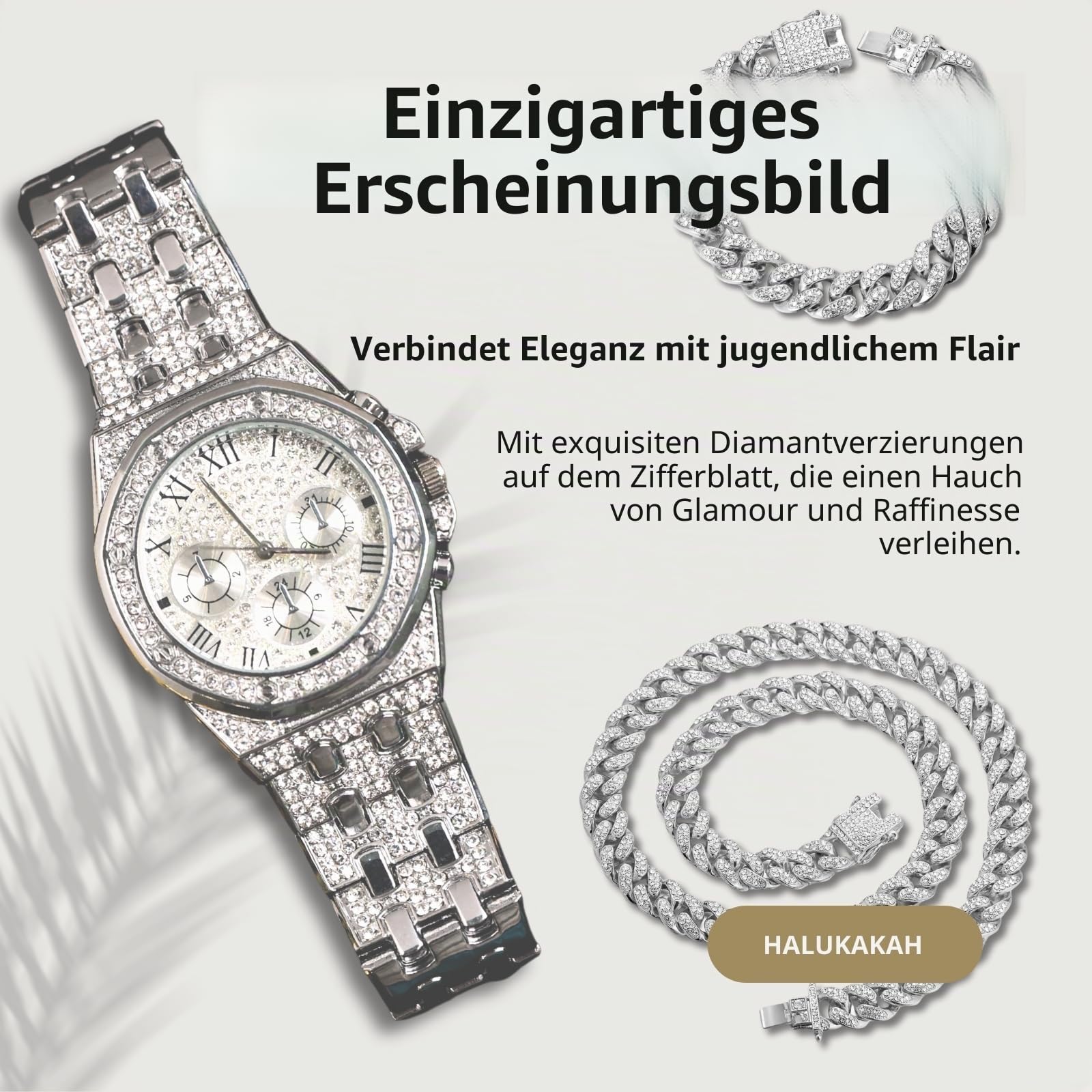 Halukakah Diamanten Gold Uhr für Jungen,Teenager - 18K Echtgold/Platin Platiniert,40mm Achteckiges Zifferblatt mit Römischen Zahlen - 20cm Länge -Optional mit Cuban Gliederkette,mit Anpassungswerkzeug
