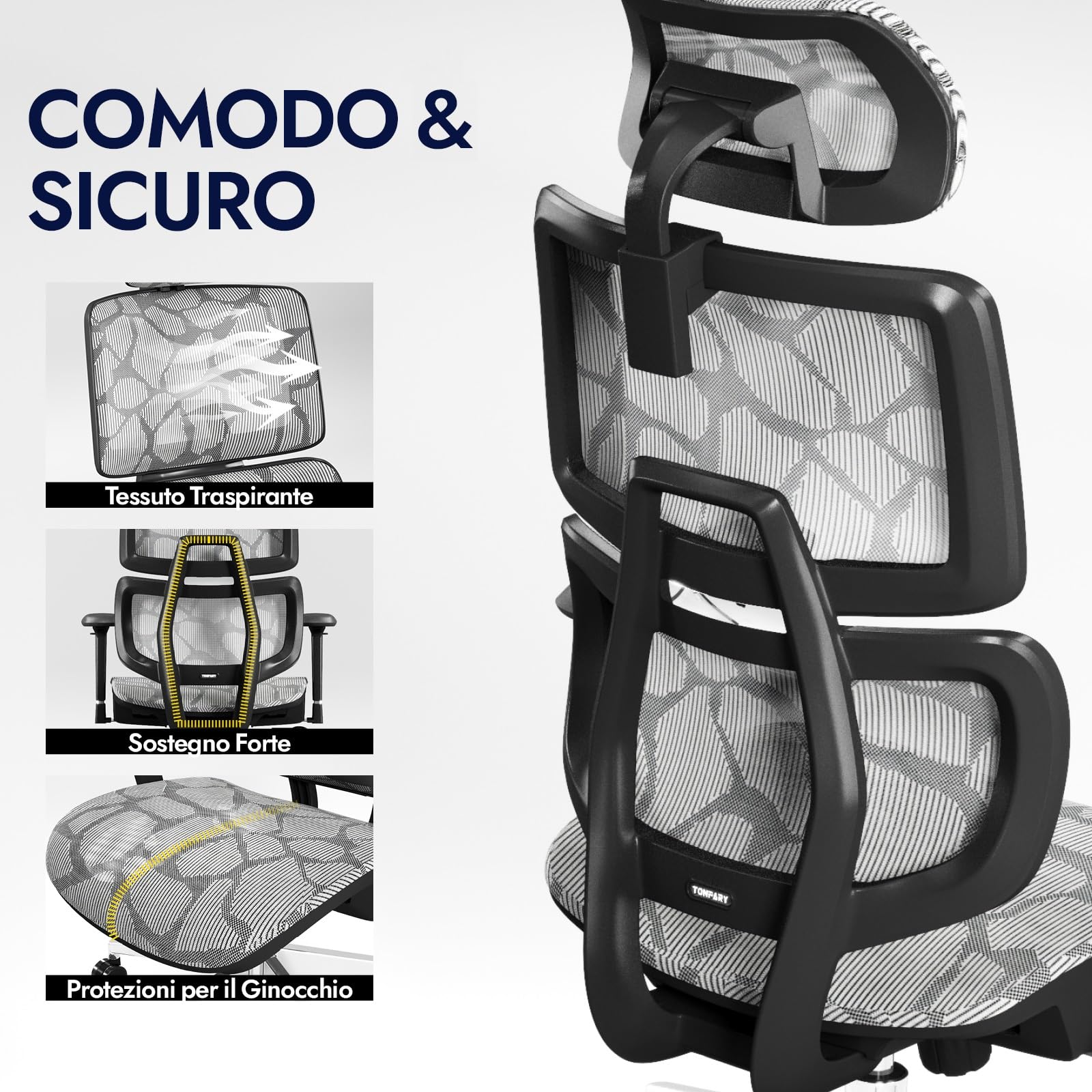 TONFARY Sedia da Ufficio Ergonomica, Sedia da Scrivania ALL-Mesh Supporto Lombare, Sedia da Gioco Inclinabile, Braccioli 3D Regolabili e Poggiatesta, Grande e Alta Sedia Girevole del Computer, 150KG