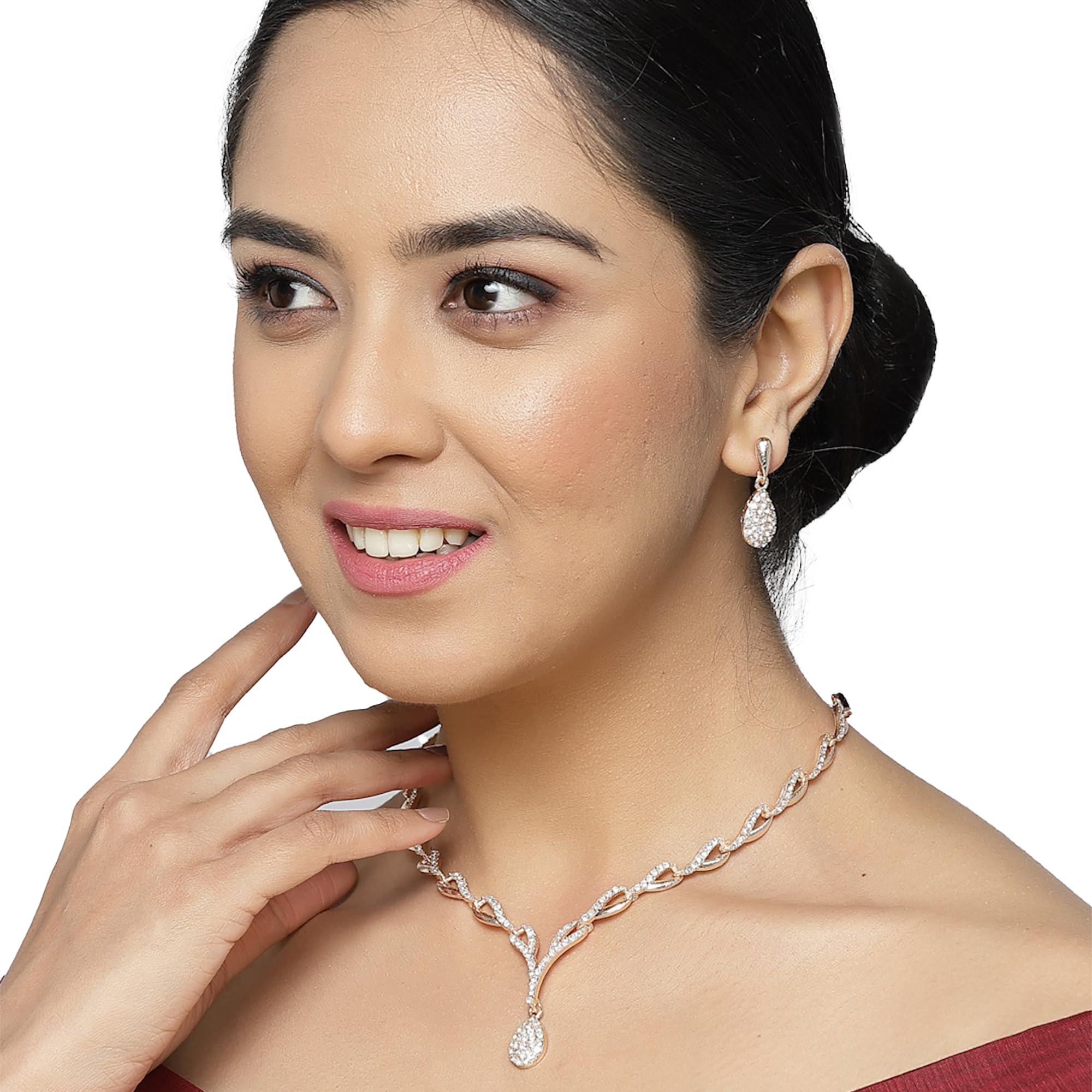 Teardrop Necklace & Earrings Set, CZ Studded, Oxidised Silver-Plated