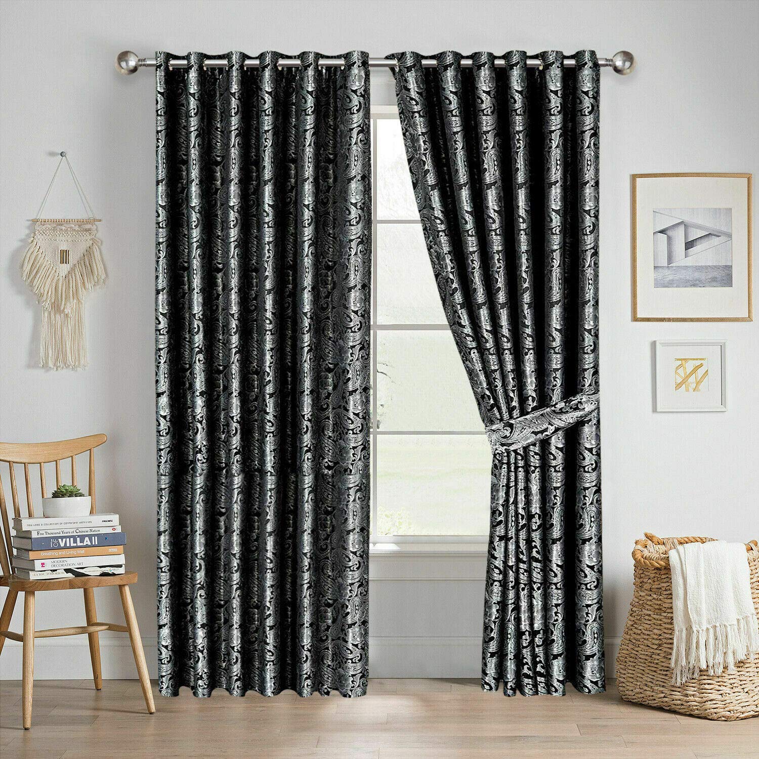 Quality Readymade Fully Lined Jacquard Curtain Ring Top Eyelet Curtain Pair With Tiebacks (Black, 90 x 108 Inch)