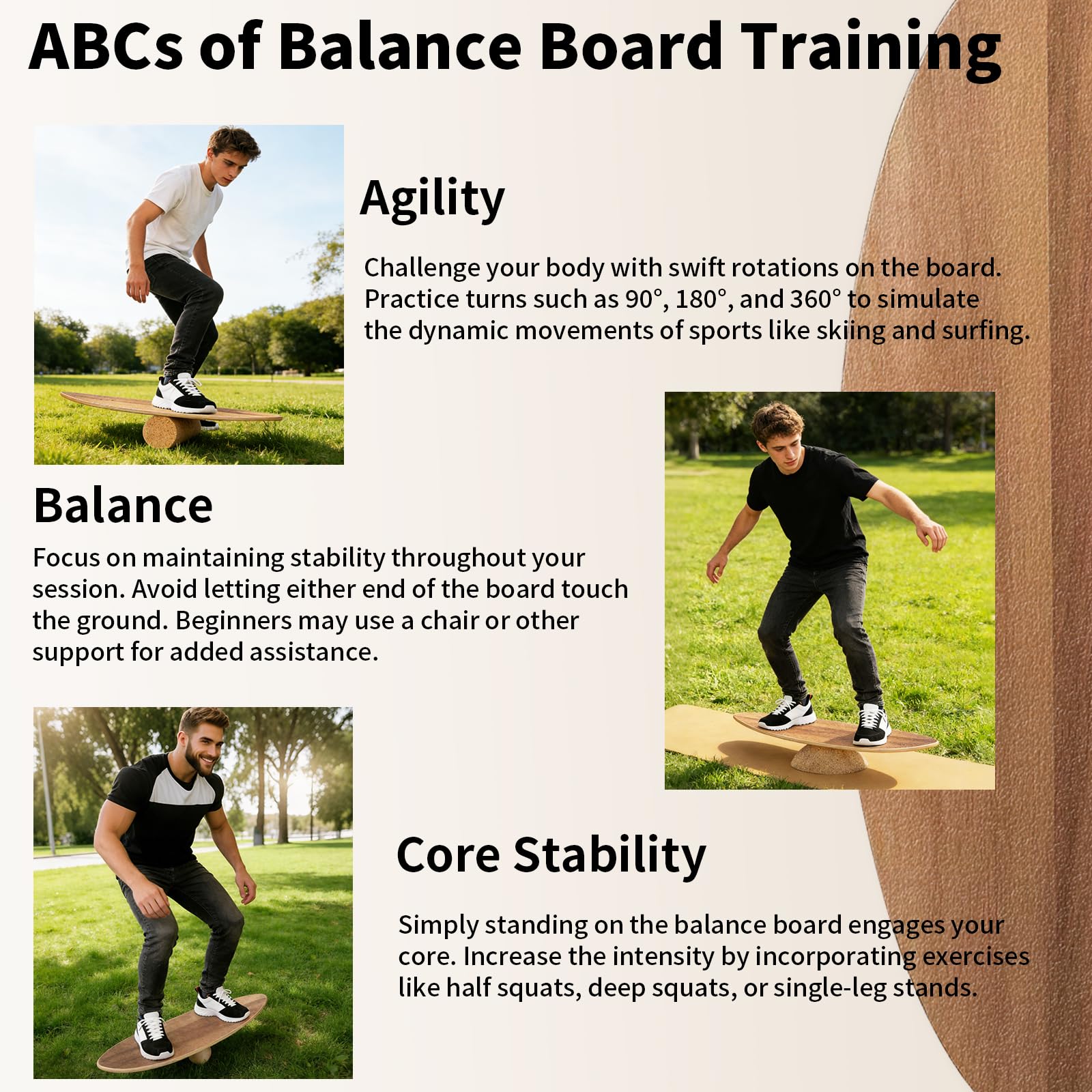 Balance Board aus Holz für Erwachsene – Rocker Shape Design mit rutschfester Oberfläche, inkl. Korkrolle, Halbkugel, Balanceball und Matte