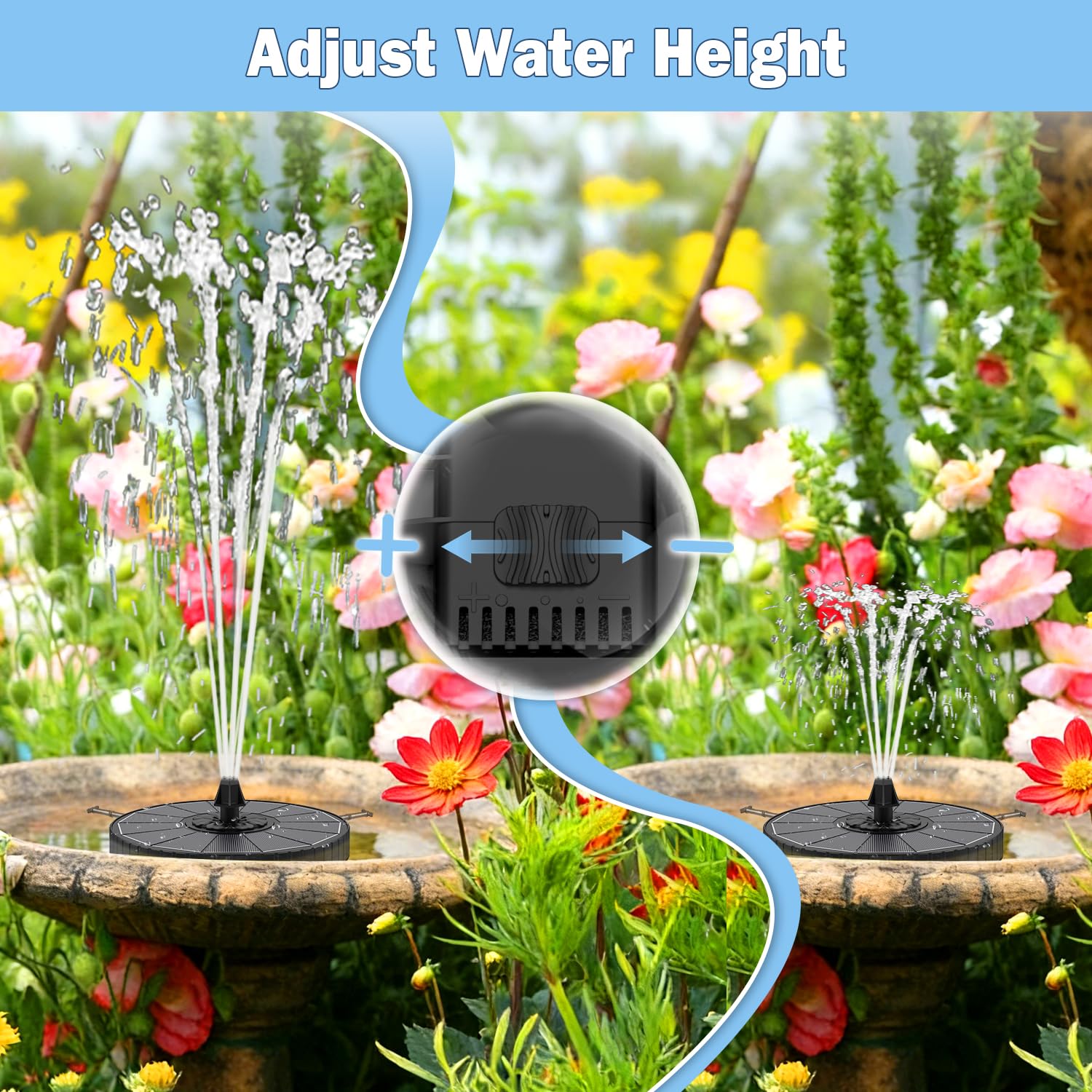 Solar Springbrunnen 3 Sprühhöheneinstellungen, Yzert 3.5W Solar Teichpumpe mit 2000mAh Batterie, 7 Effekte & 4 Rotierende Stäbe Solar Wasserpumpe, Solar Schwimmender Solarpumpe für Garten (Schwarz)
