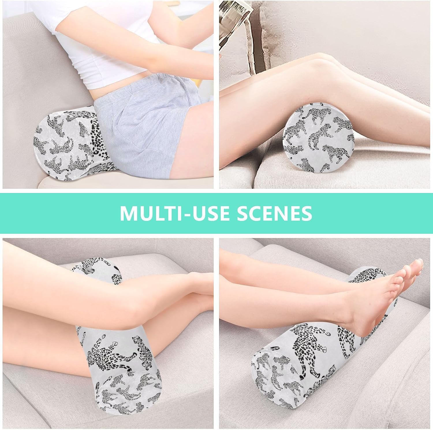 White Leopard Print Neck Roll Pillow - Extra Dense Memory Foam Round Cylinder Bolster for Cervical Support, Spondylosis, Neck Pain Relief - Image 6
