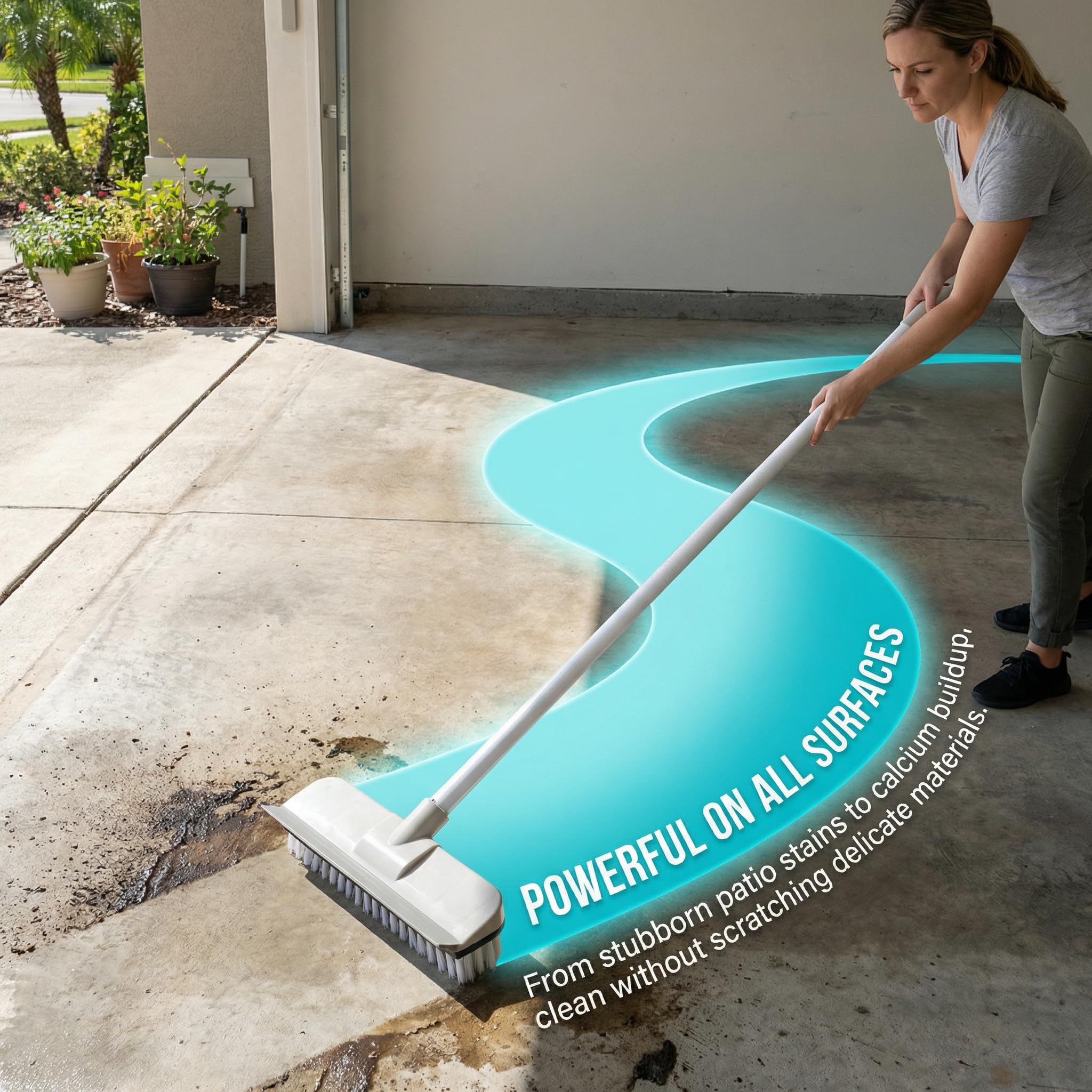 3 in 1 Spazzolone per Pavimenti con Manico Lungo,Spazzolone per Pavimenti con Raschietto,Spazzola per Pavimenti con 1 Pz Spazzola per Fughe per la Pulizia in Interni, Garage, Cucina