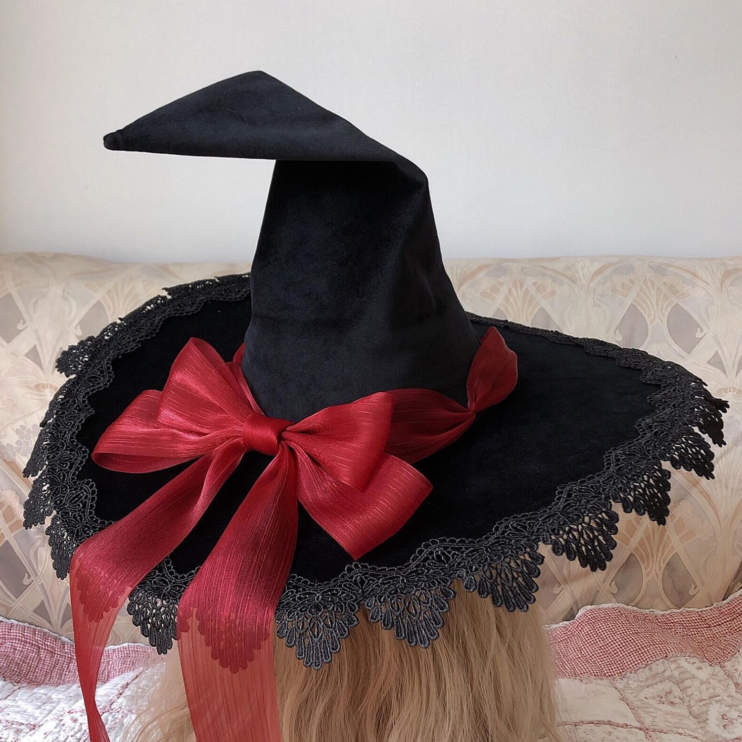 Halloween Black Witch Hat for Women Elegant Wizard Hat Cap Bowknot Pointed Witch Hats Funny Wizard Headwear for Carnival Masquerade Headwear Halloween Cosplay Party Costume Fancy Dress Props Accessory - Image 2
