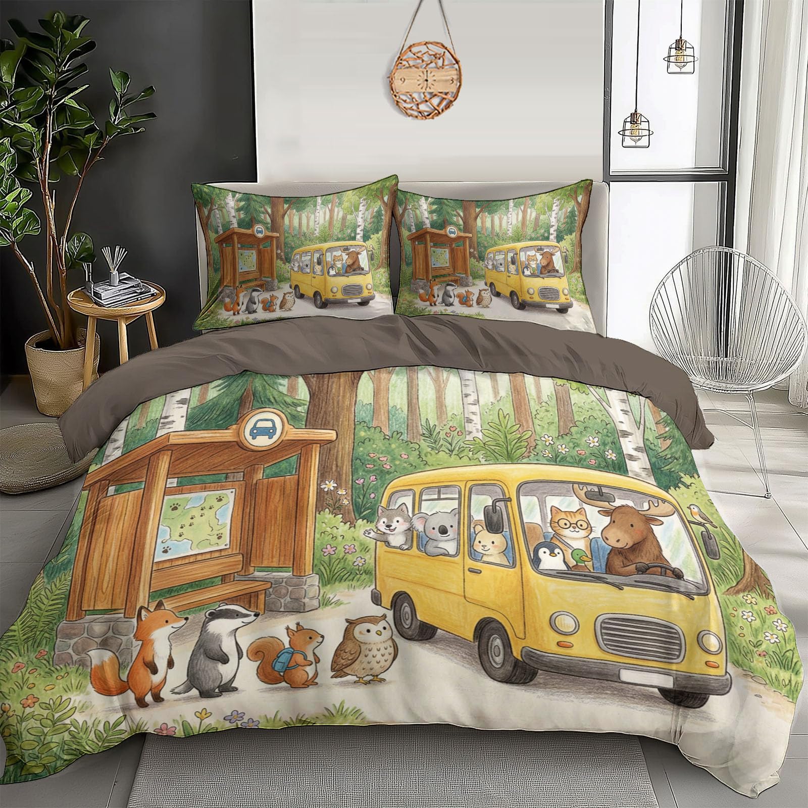 Juego de Fundas Nórdica, 260x240cm Juego de Ropa de Cama Autobús De Animales Funda de Edredón Libros Ilustrados Infantiles con Fundas de Almohada para Niños, Adolescentes, Adultos, Amarillo Verdoso