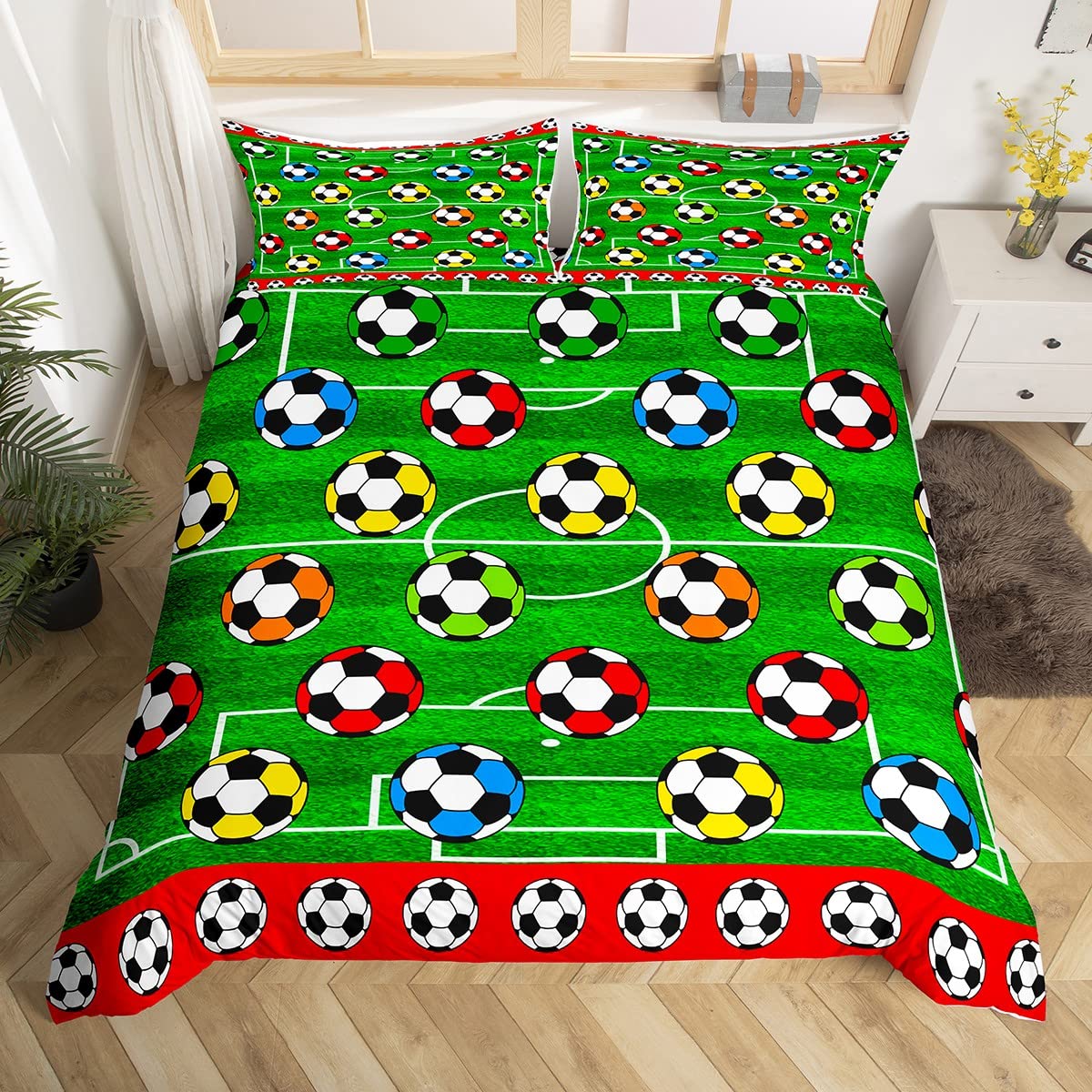 Loussiesd Football Bedding Set for Girls Boys Teens Sports Comforter Cover Soccer Ball Duvet Cover 3D America Football Bedspread Cover Competitive Games Football Field Single Size 2Pcs