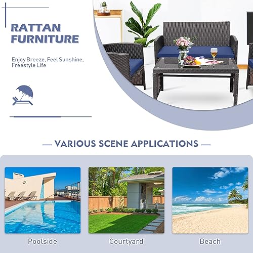 Miniatura 8 de RELAX4LIFE Juego de muebles de patio de 4 piezas con cojines, juego de conversación de patio con sillas, sofá biplaza y mesa de centro de vidrio