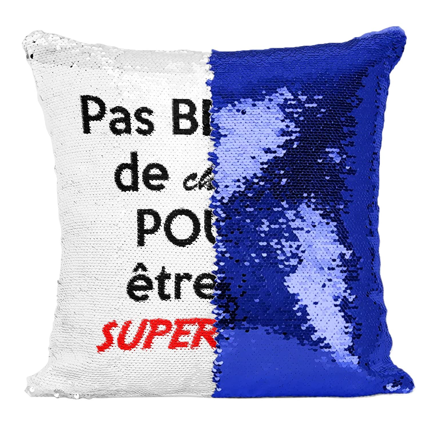 Coussin paillettes bleu super papy magique réversible housse sequin cadeau humour papi