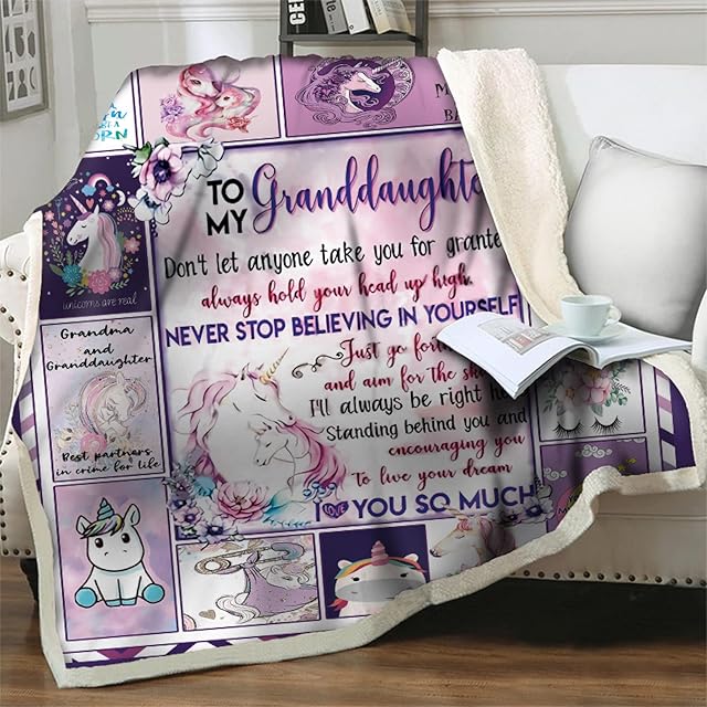 XKLHXFY Purple Flannel Fleece Blanket Unicorn A Letter To Granddaughter Versatile Blanket Home Decor Lightweight Fluffy Soft Throw for Bed and Couch Travel (50''x60'')